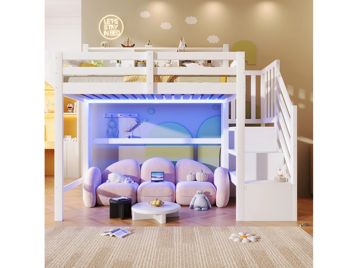 Lit mezzanine 90x200cm - avec éclairage LED - avec échelle de rangement - Blanc (matelas non inclus)