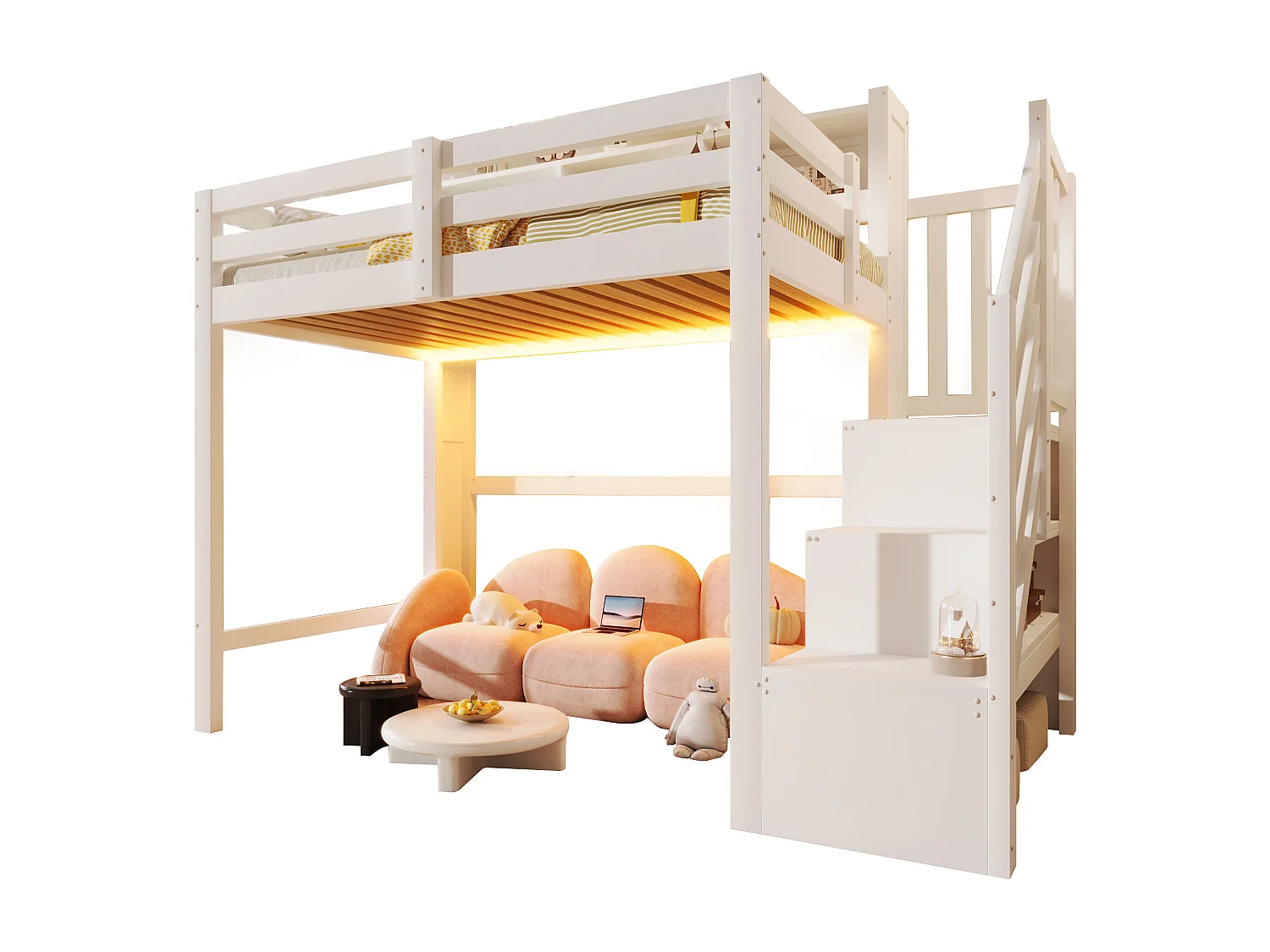 Lit mezzanine 90x200cm - avec éclairage LED - avec échelle de rangement - Blanc (matelas non inclus)