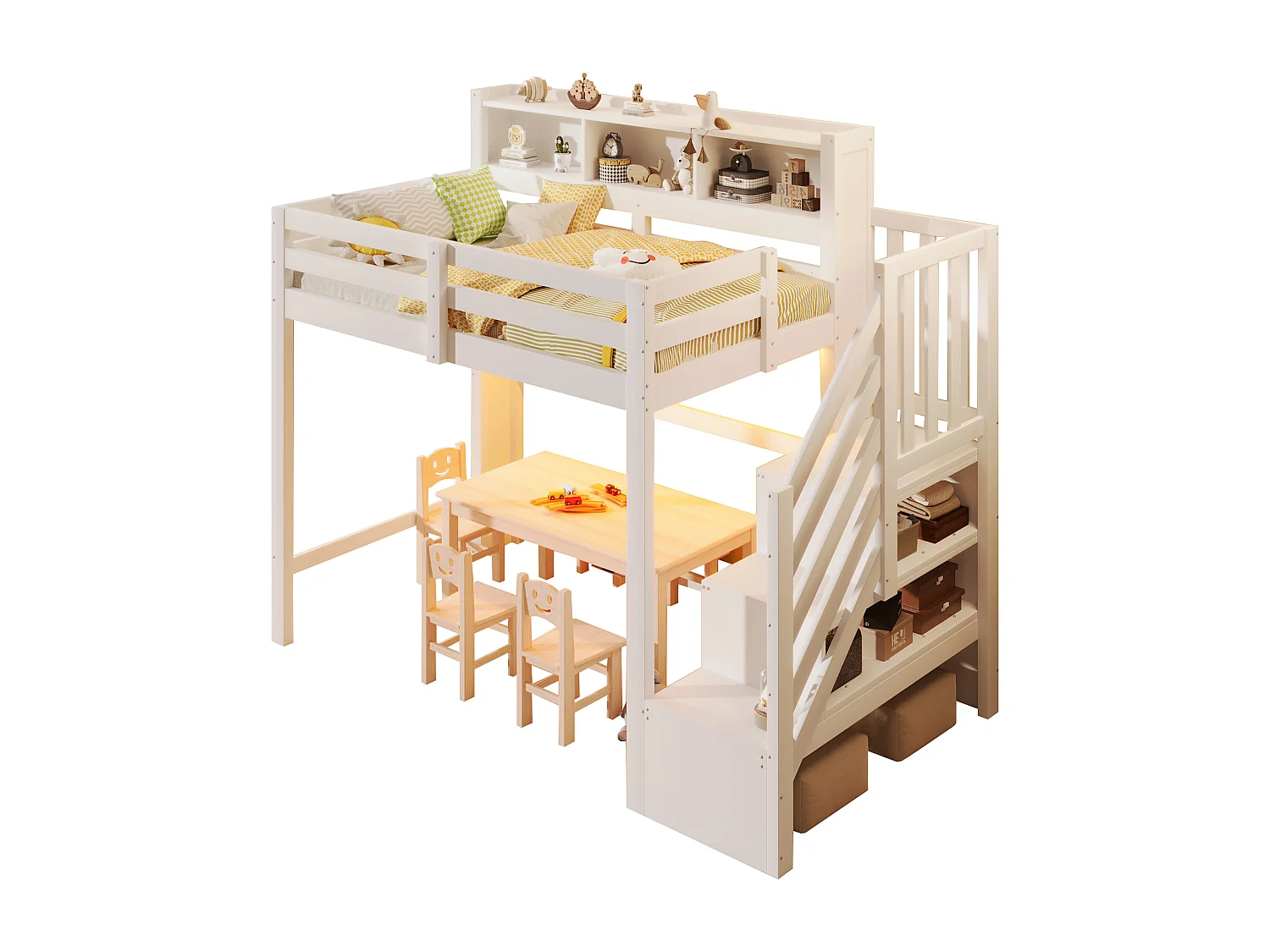 Lit mezzanine 90x200cm - avec éclairage LED - avec échelle de rangement - Blanc (matelas non inclus)