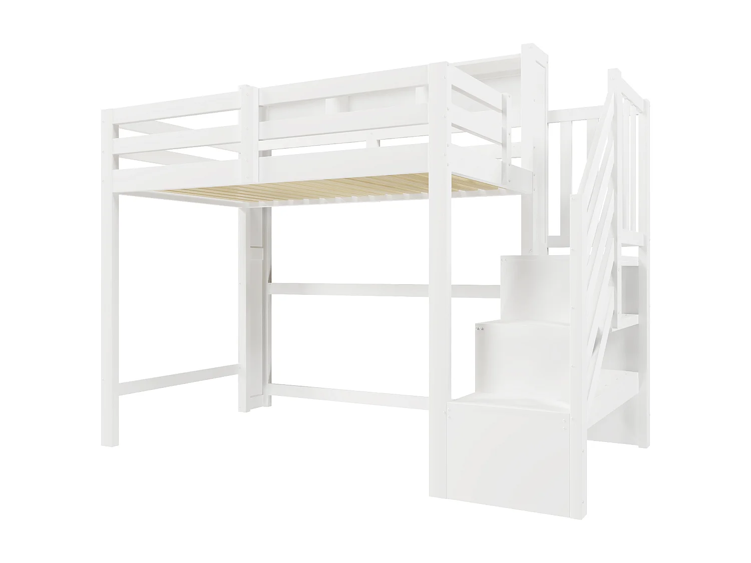 Lit mezzanine 90x200cm - avec éclairage LED - avec échelle de rangement - Blanc (matelas non inclus)
