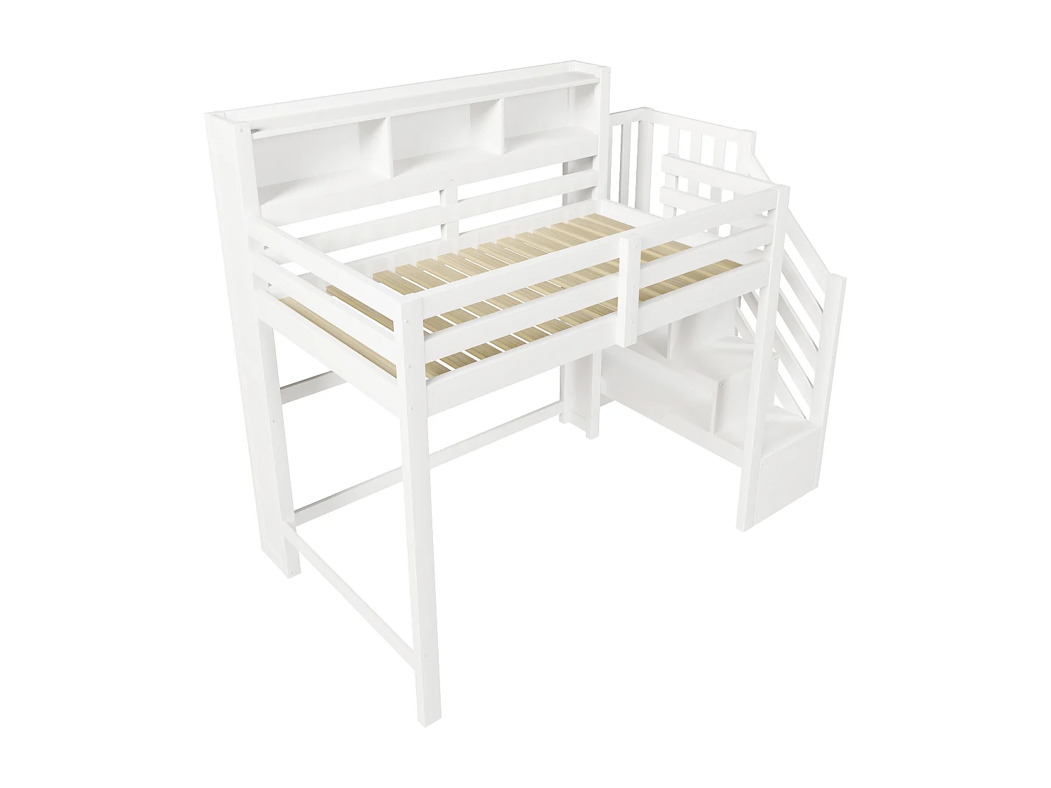 Lit mezzanine 90x200cm - avec éclairage LED - avec échelle de rangement - Blanc (matelas non inclus)