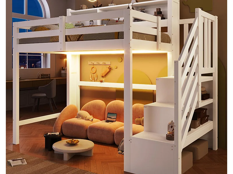 Lit mezzanine 90x200cm - avec éclairage LED - avec échelle de rangement - Blanc (matelas non inclus)