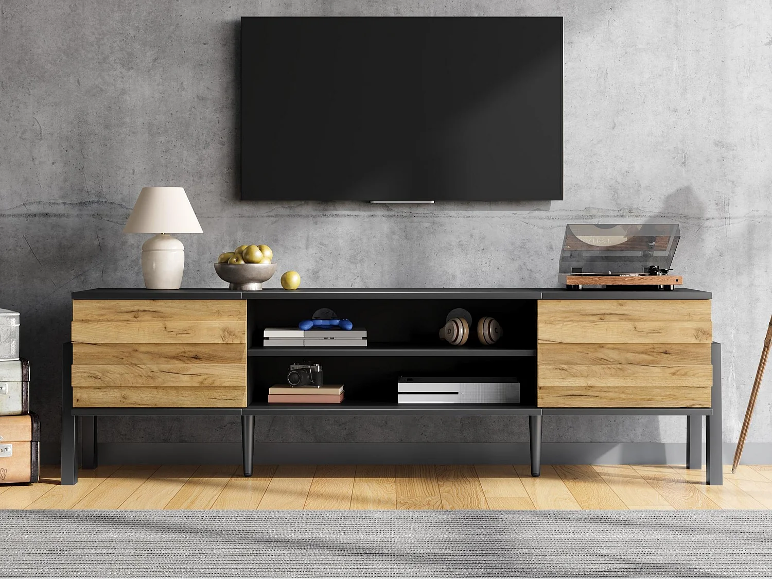 TV-Schrank 175x39,5x53 cm - 2 Türen und offener Stauraum - Spanplatten - Natur und Schwarz