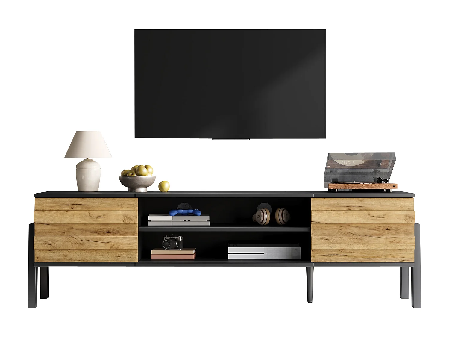 TV-Schrank 175x39,5x53 cm - 2 Türen und offener Stauraum - Spanplatten - Natur und Schwarz