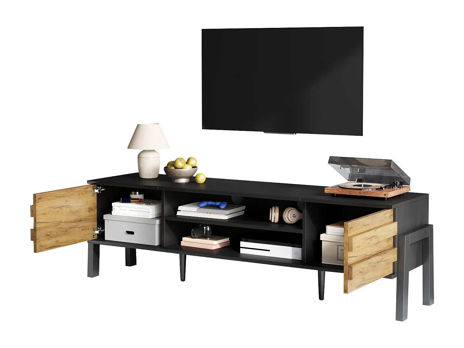 TV-Schrank 175x39,5x53 cm - 2 Türen und offener Stauraum - Spanplatten - Natur und Schwarz