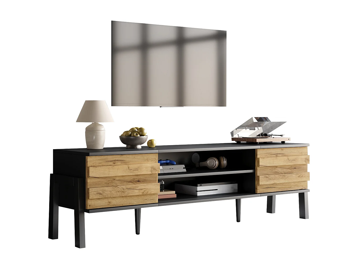 TV-Schrank 175x39,5x53 cm - 2 Türen und offener Stauraum - Spanplatten - Natur und Schwarz