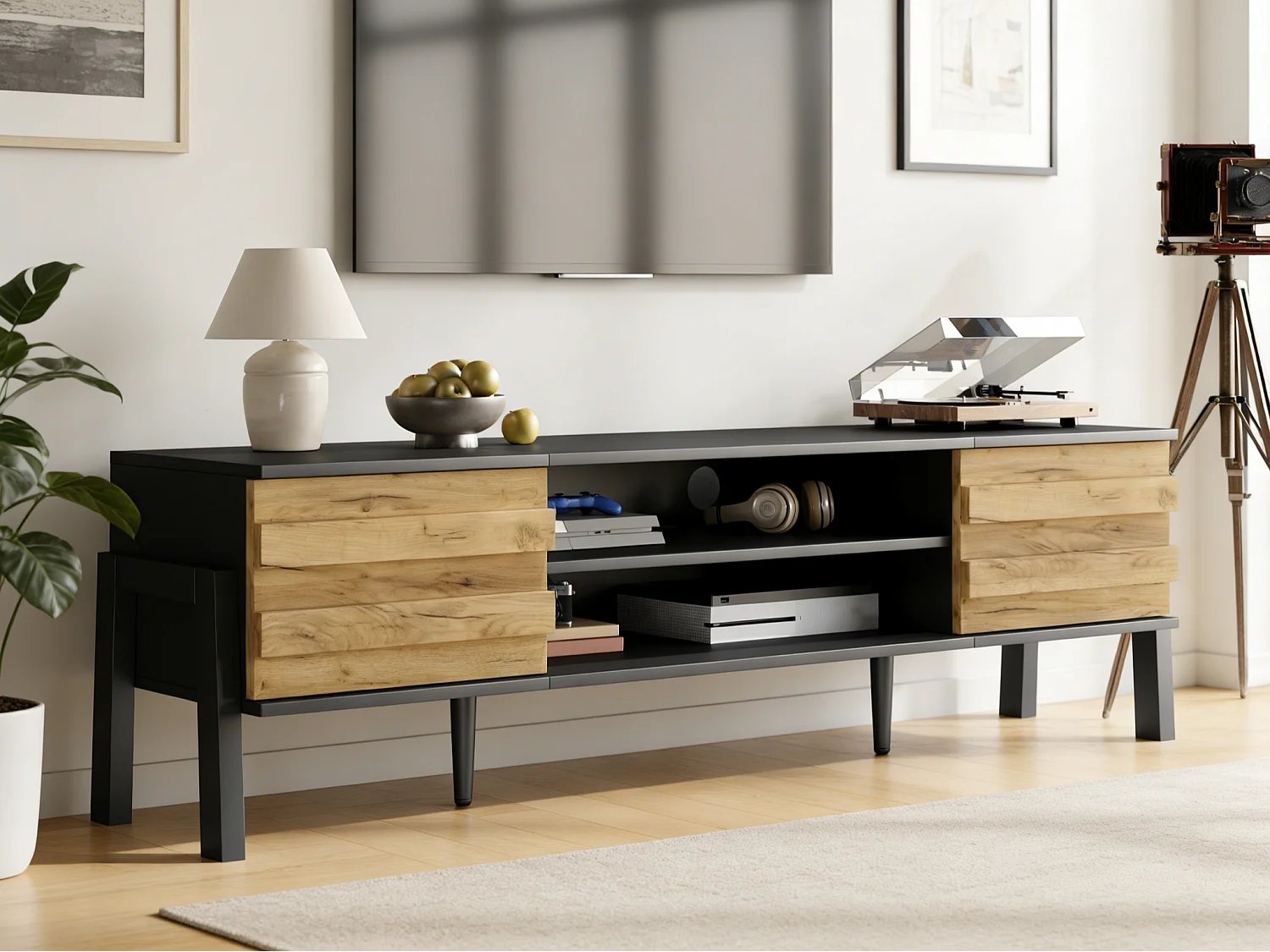 TV-Schrank 175x39,5x53 cm - 2 Türen und offener Stauraum - Spanplatten - Natur und Schwarz