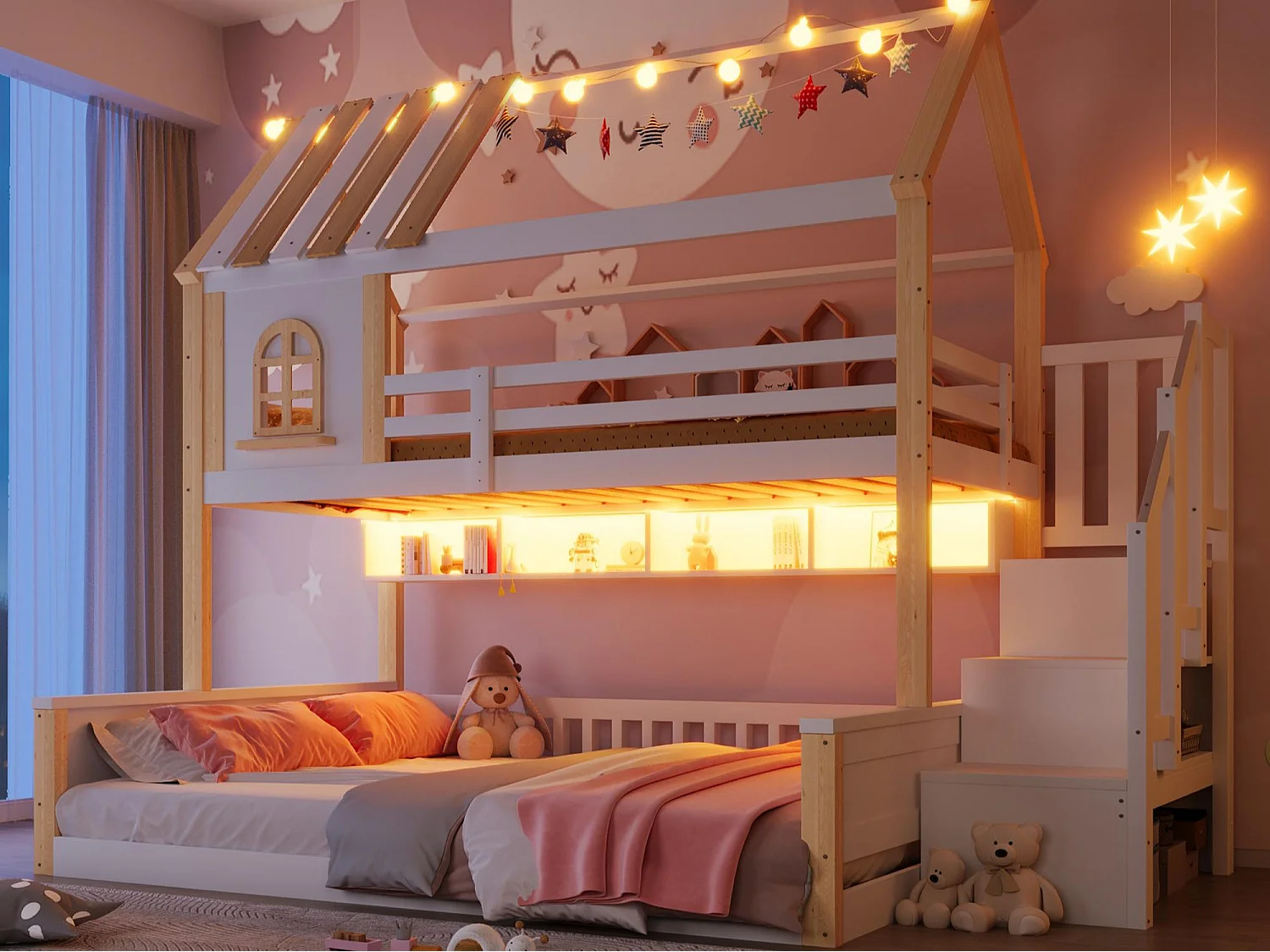 Etagenbett 90x200cm + 140x200cm - mit LED-Beleuchtung - Aufstiegsleiter mit Stauraum - weiß + natur​ (Matratze nicht inbegriffen)