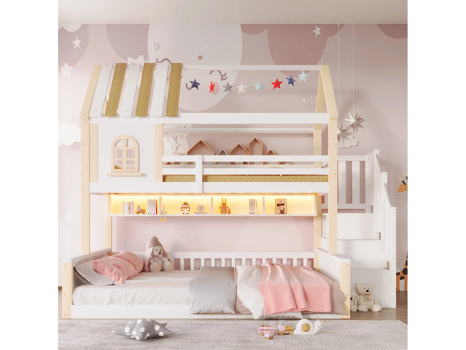 Etagenbett 90x200cm + 140x200cm - mit LED-Beleuchtung - Aufstiegsleiter mit Stauraum - weiß + natur​ (Matratze nicht inbegriffen)