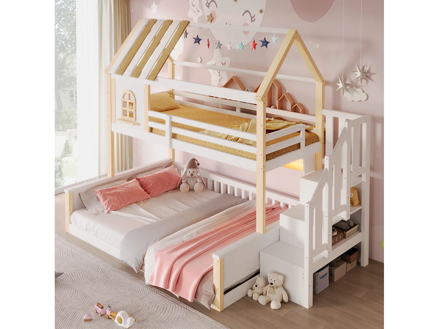 Etagenbett 90x200cm + 140x200cm - mit LED-Beleuchtung - Aufstiegsleiter mit Stauraum - weiß + natur​ (Matratze nicht inbegriffen)