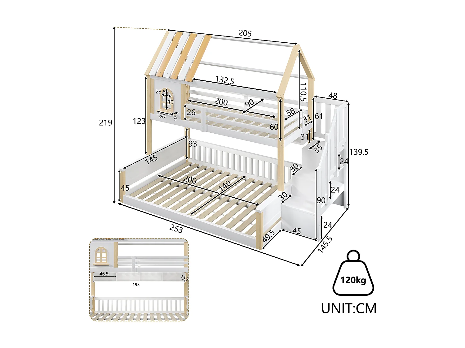 Etagenbett 90x200cm + 140x200cm - mit LED-Beleuchtung - Aufstiegsleiter mit Stauraum - weiß + natur​ (Matratze nicht inbegriffen)
