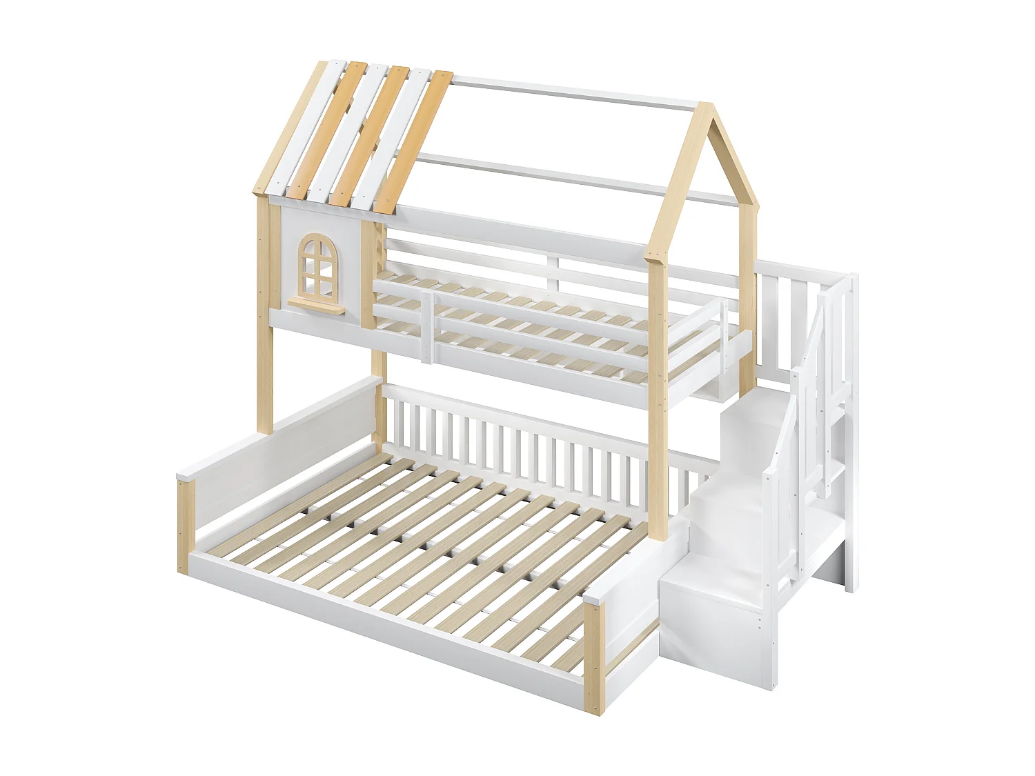 Etagenbett 90x200cm + 140x200cm - mit LED-Beleuchtung - Aufstiegsleiter mit Stauraum - weiß + natur​ (Matratze nicht inbegriffen)
