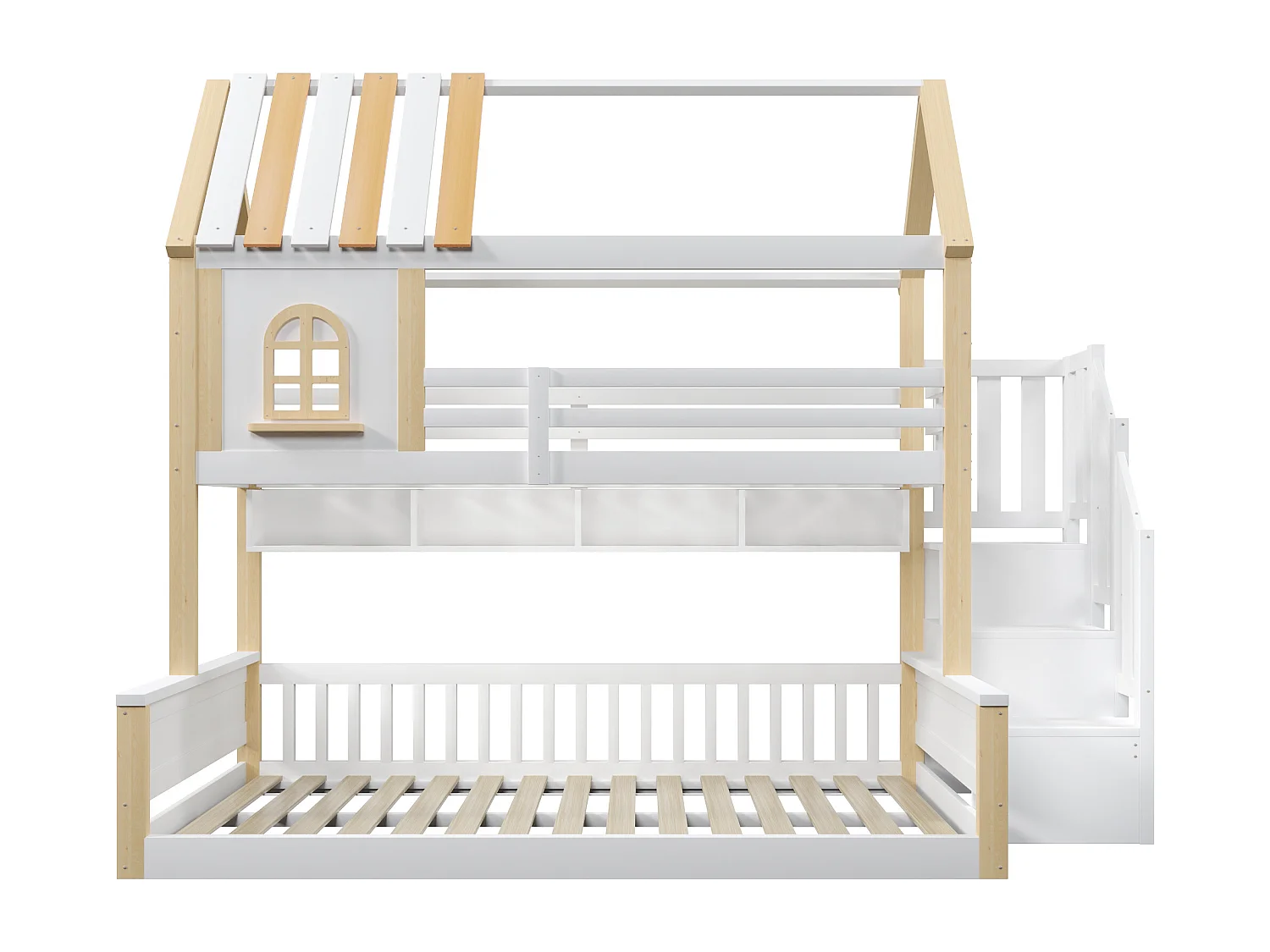 Etagenbett 90x200cm + 140x200cm - mit LED-Beleuchtung - Aufstiegsleiter mit Stauraum - weiß + natur​ (Matratze nicht inbegriffen)