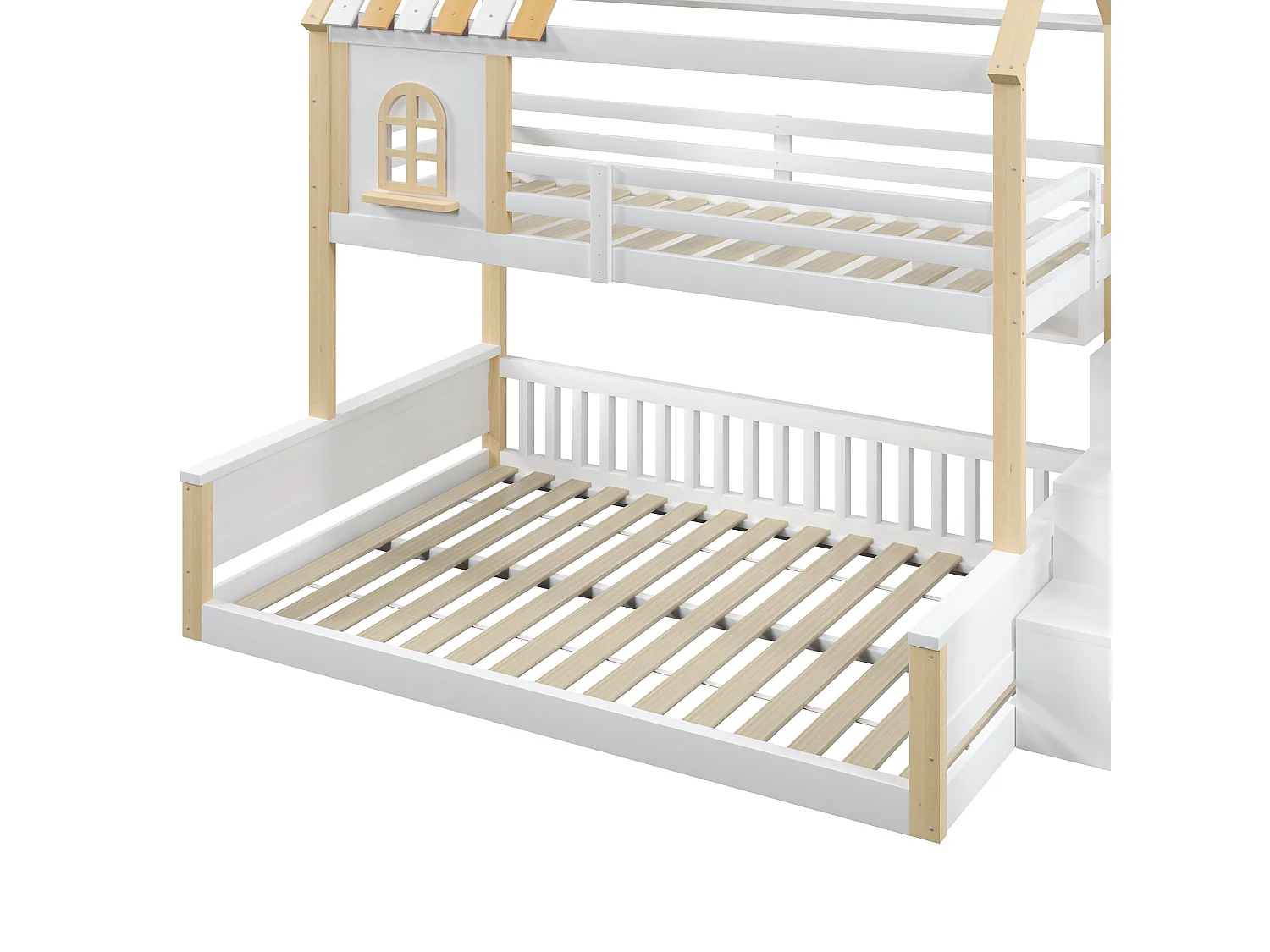 Etagenbett 90x200cm + 140x200cm - mit LED-Beleuchtung - Aufstiegsleiter mit Stauraum - weiß + natur​ (Matratze nicht inbegriffen)