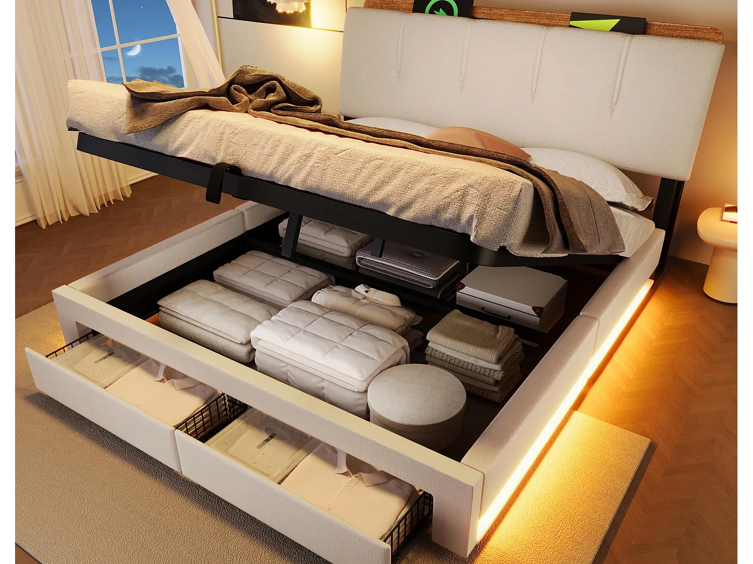 Lit coffre capitonné 140x200 cm - avec port USB Type-C - avec éclairage LED - lin - beige (matelas non inclus)