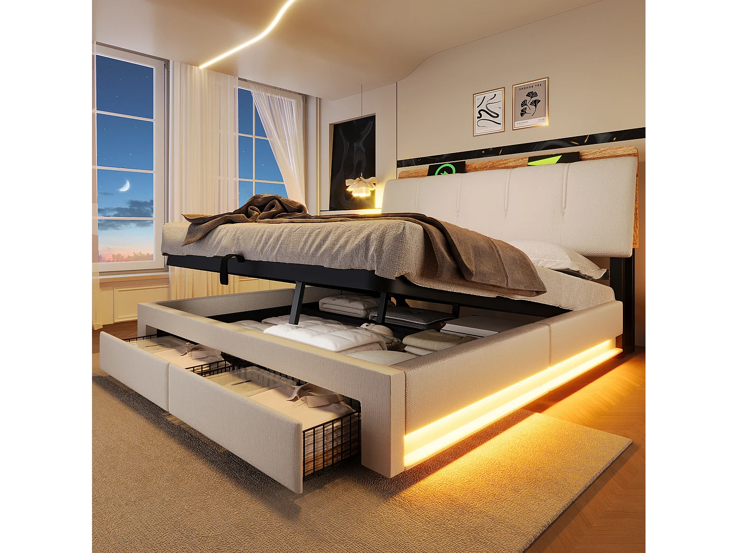 Lit coffre capitonné 140x200 cm - avec port USB Type-C - avec éclairage LED - lin - beige (matelas non inclus)