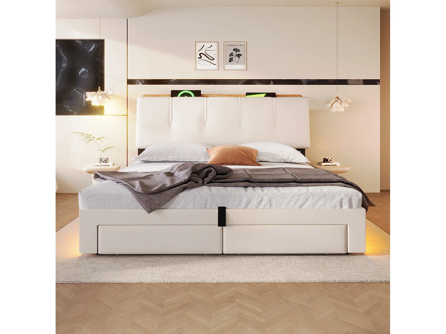 Lit coffre capitonné 140x200 cm - avec port USB Type-C - avec éclairage LED - lin - beige (matelas non inclus)