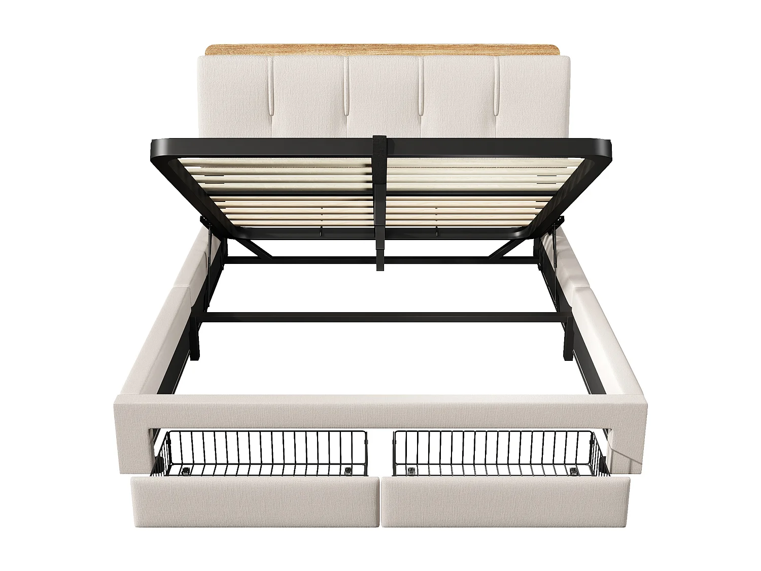 Lit coffre capitonné 140x200 cm - avec port USB Type-C - avec éclairage LED - lin - beige (matelas non inclus)