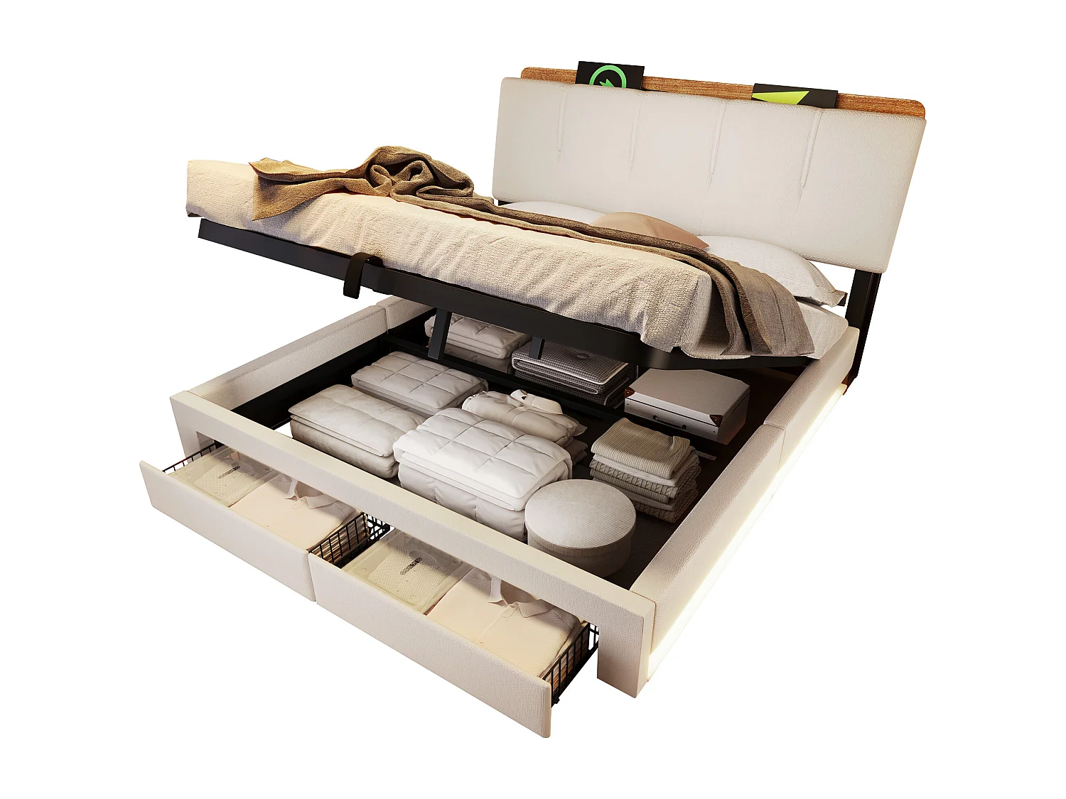 Lit coffre capitonné 140x200 cm - avec port USB Type-C - avec éclairage LED - lin - beige (matelas non inclus)