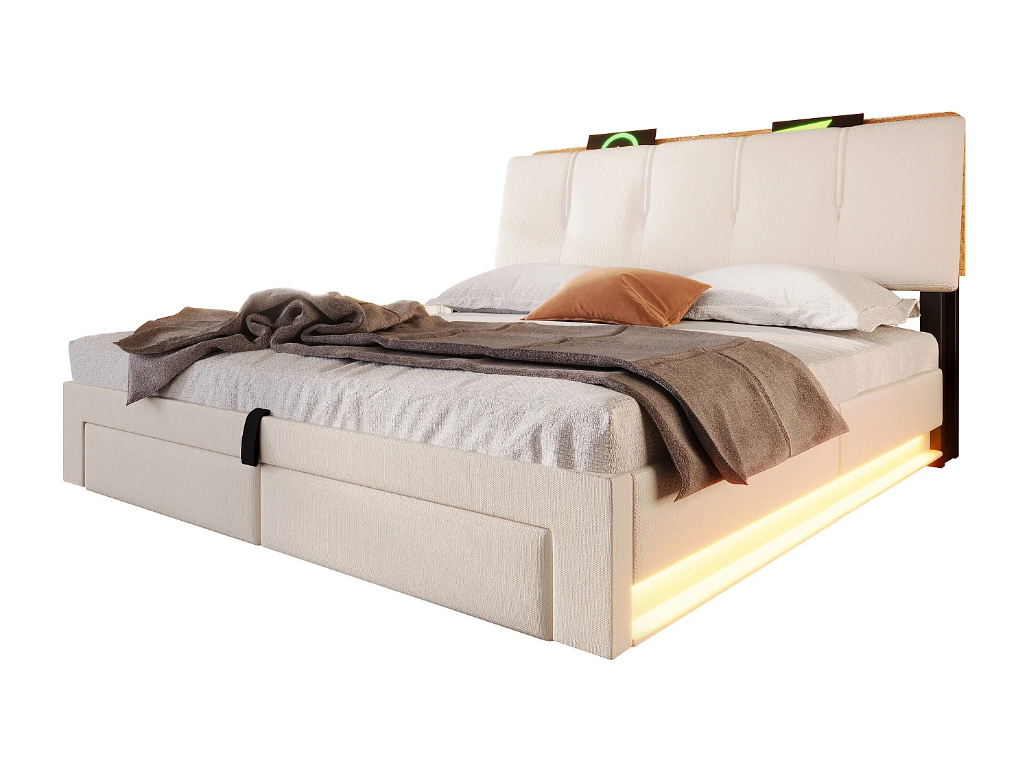 Lit coffre capitonné 140x200 cm - avec port USB Type-C - avec éclairage LED - lin - beige (matelas non inclus)