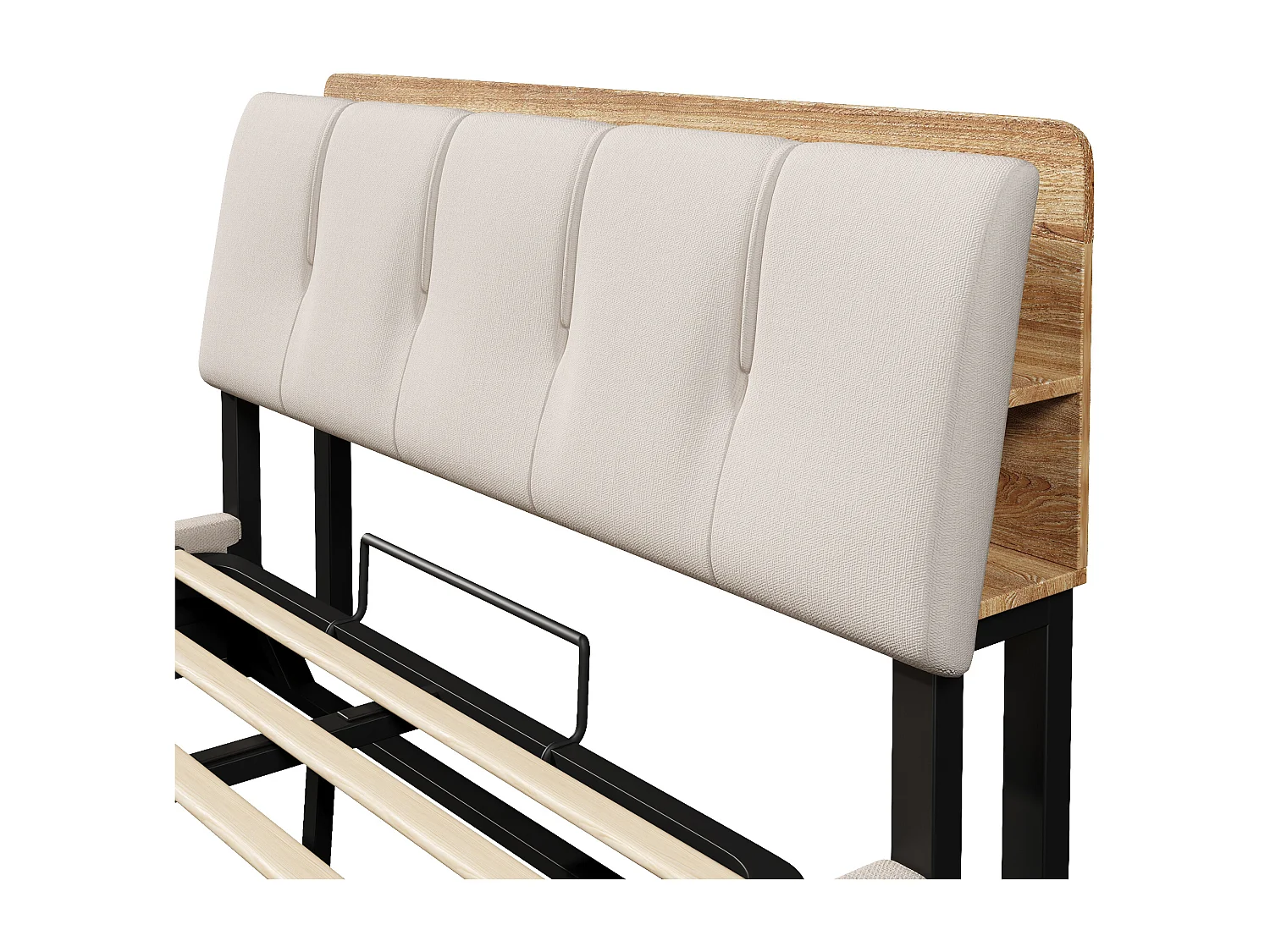 Lit coffre capitonné 140x200 cm - avec port USB Type-C - avec éclairage LED - lin - beige (matelas non inclus)