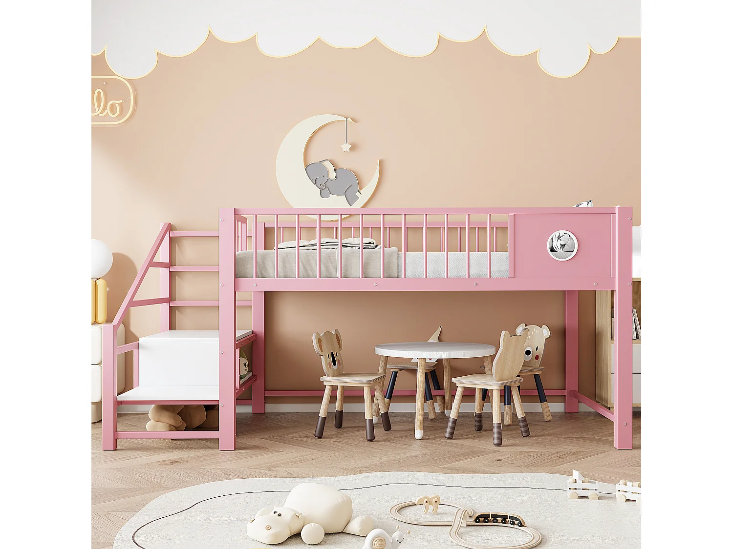 Letto per bambini 90 x 200 cm - con scala di riporre - telaio in metallo - rosa​ (materasso non incluso)