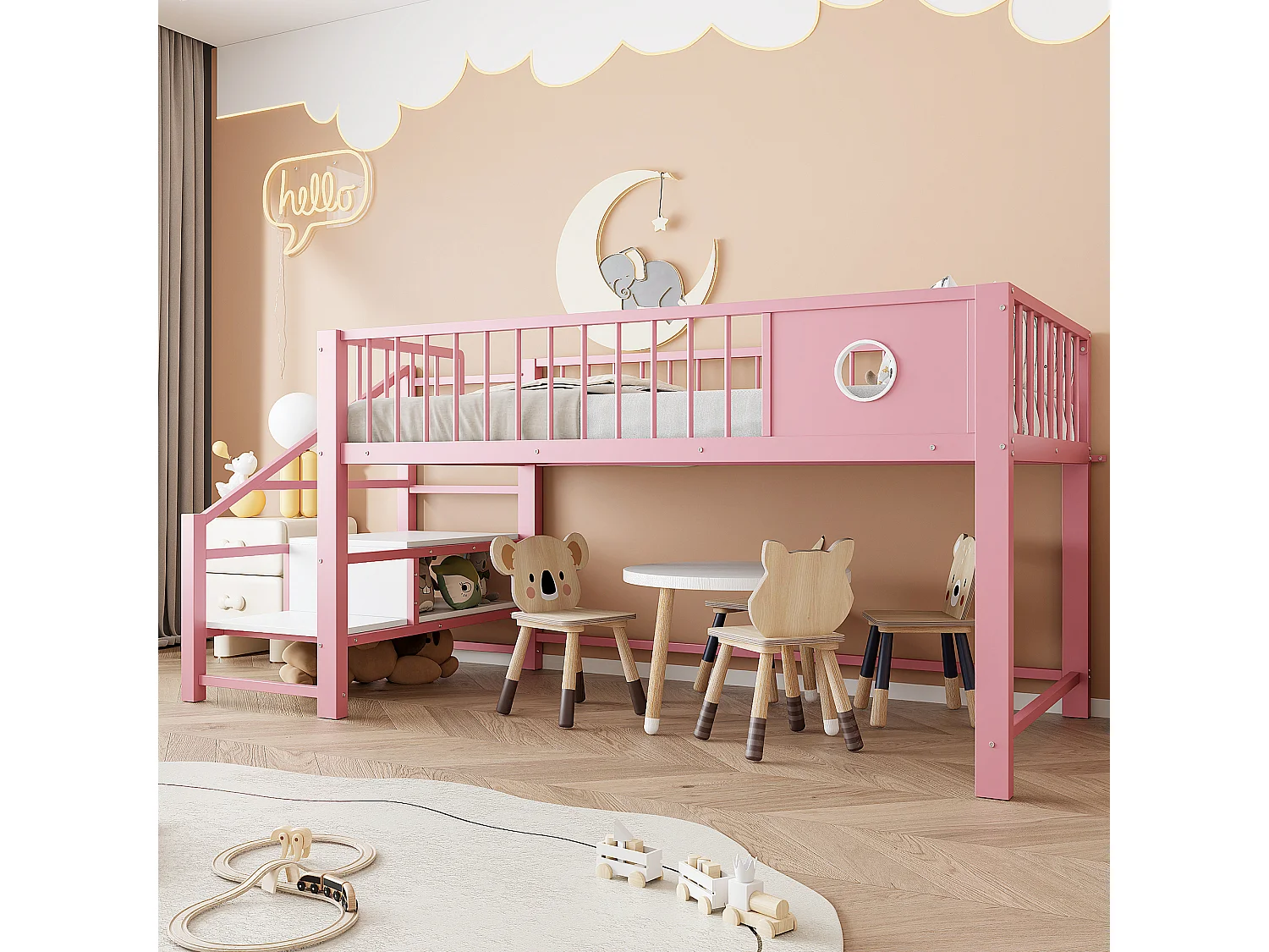 Letto per bambini 90 x 200 cm - con scala di riporre - telaio in metallo - rosa​ (materasso non incluso)