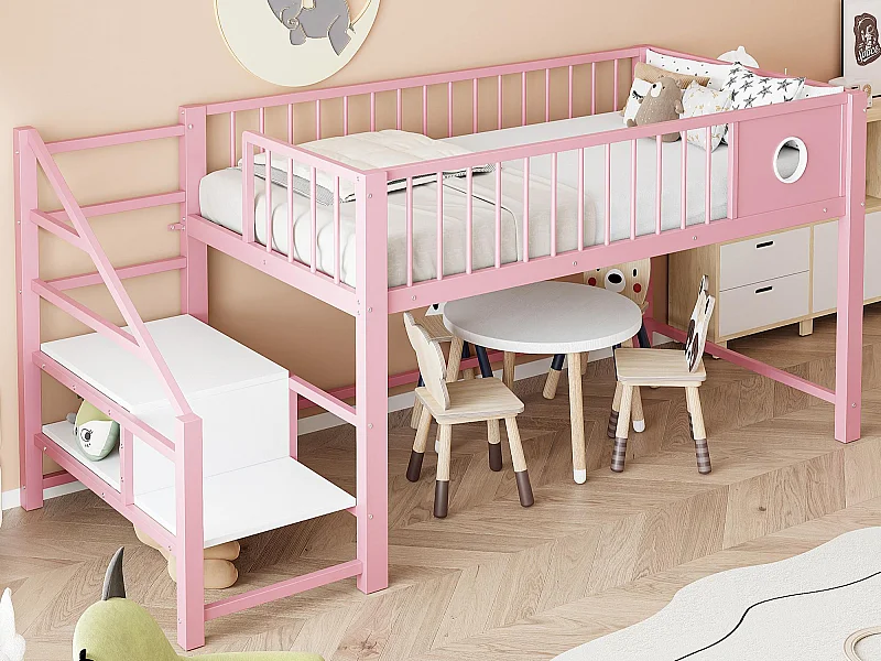 Lit enfant 90 x 200 cm - avec échelle de rangement - cadre en métal - rose (matelas non inclus)