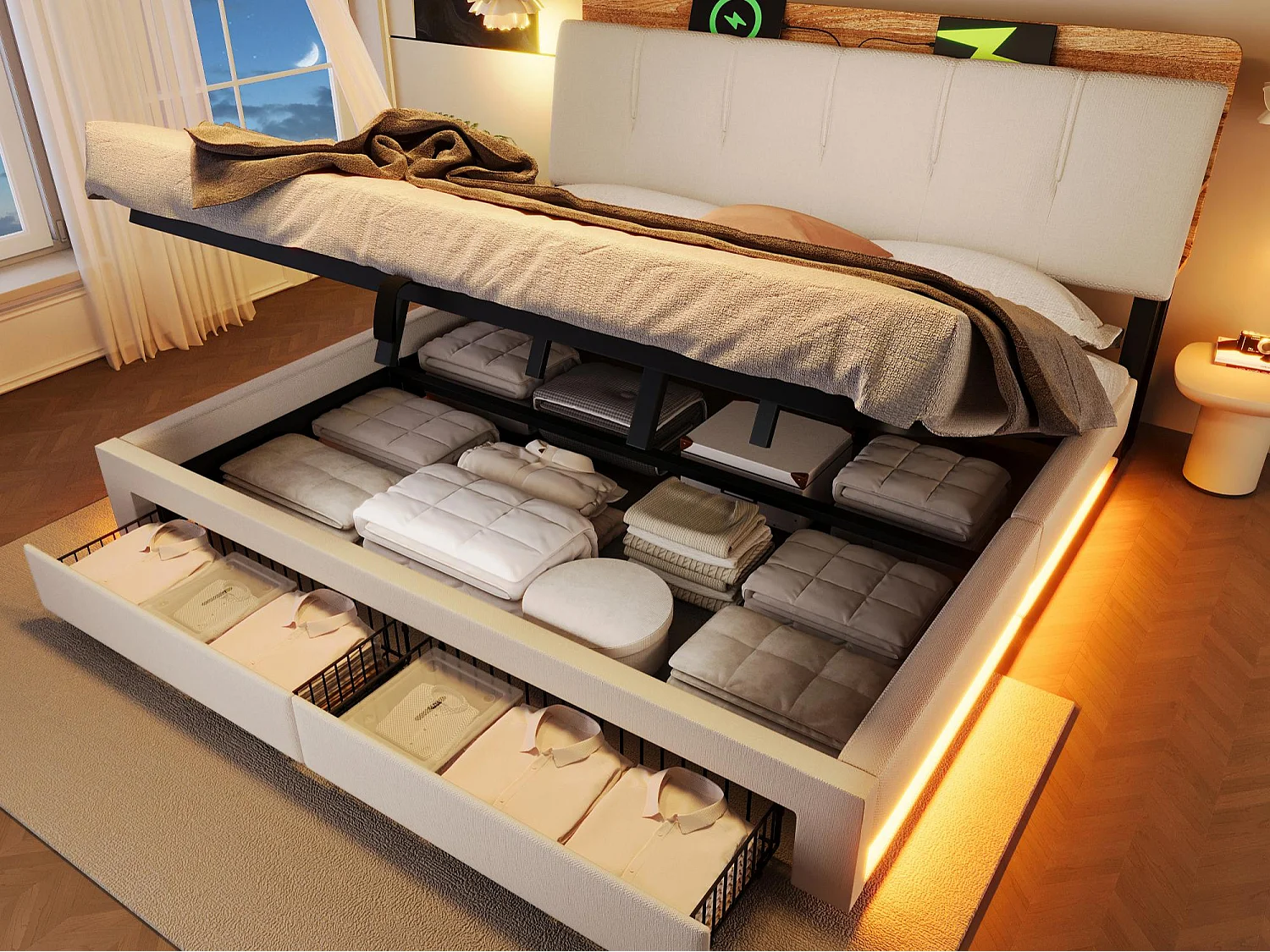 Lit coffre capitonné 180x200 cm - avec port USB Type-C - avec éclairage LED - lin - beige (matelas non inclus)