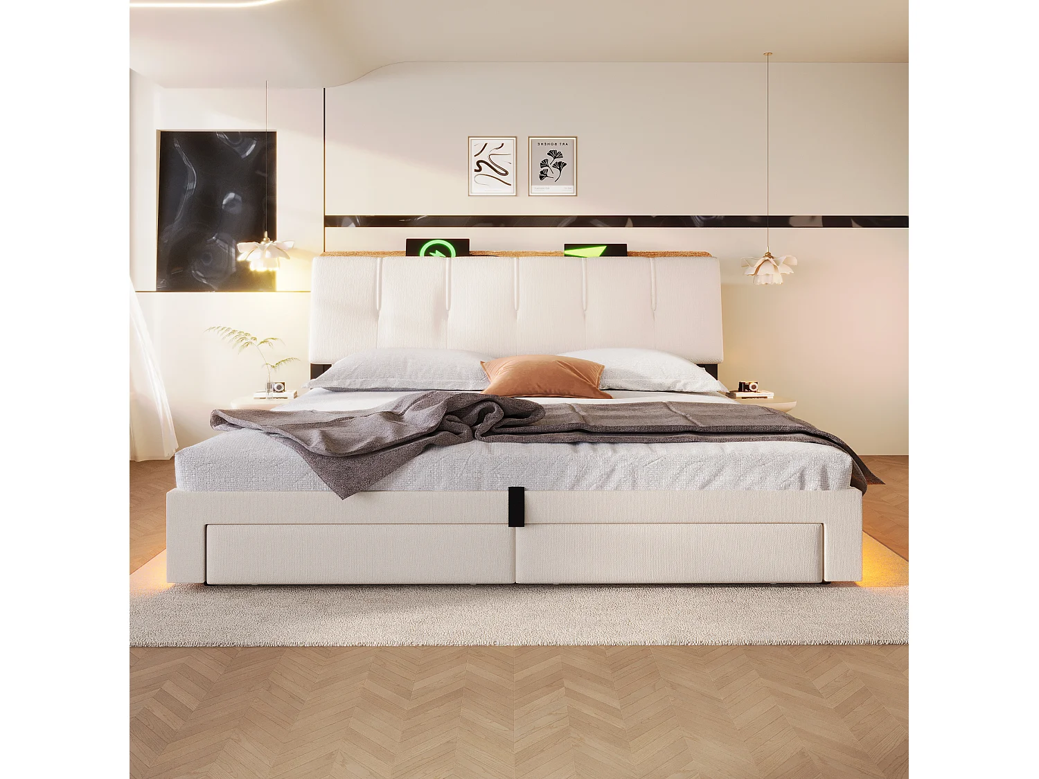 Lit coffre capitonné 180x200 cm - avec port USB Type-C - avec éclairage LED - lin - beige (matelas non inclus)