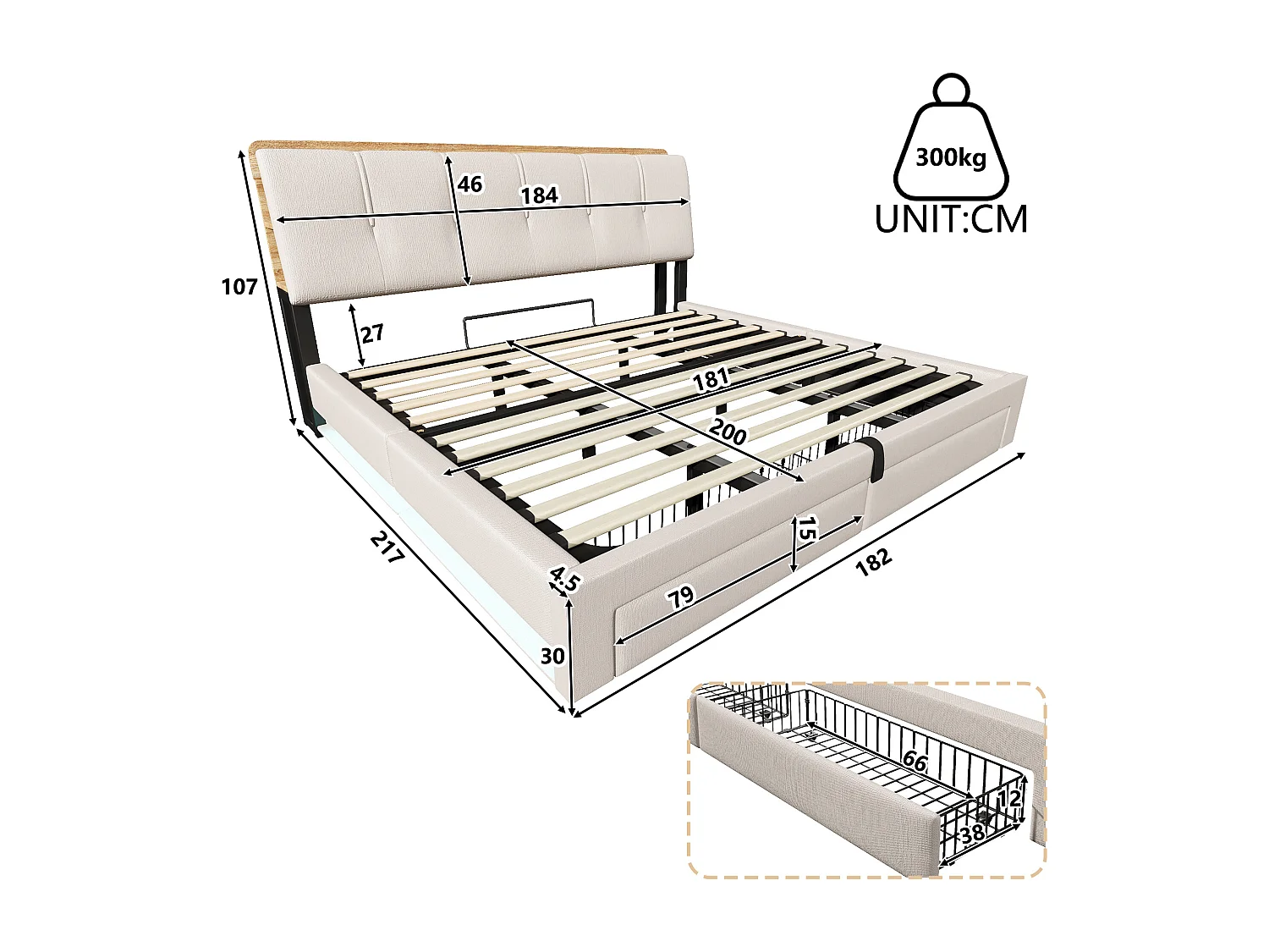 Lit coffre capitonné 180x200 cm - avec port USB Type-C - avec éclairage LED - lin - beige (matelas non inclus)