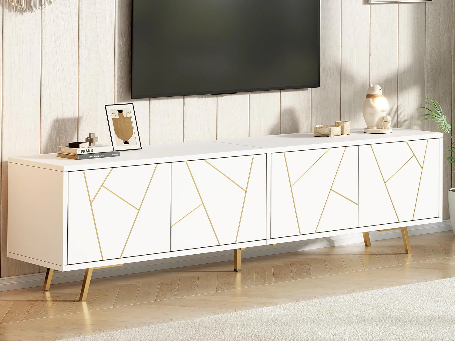 TV-Schrank 190x40x51,5 cm - 4 Türen und 6 Metallfüße - TV bis zu 85 Zoll - Spanplatten - Weiß und Gold