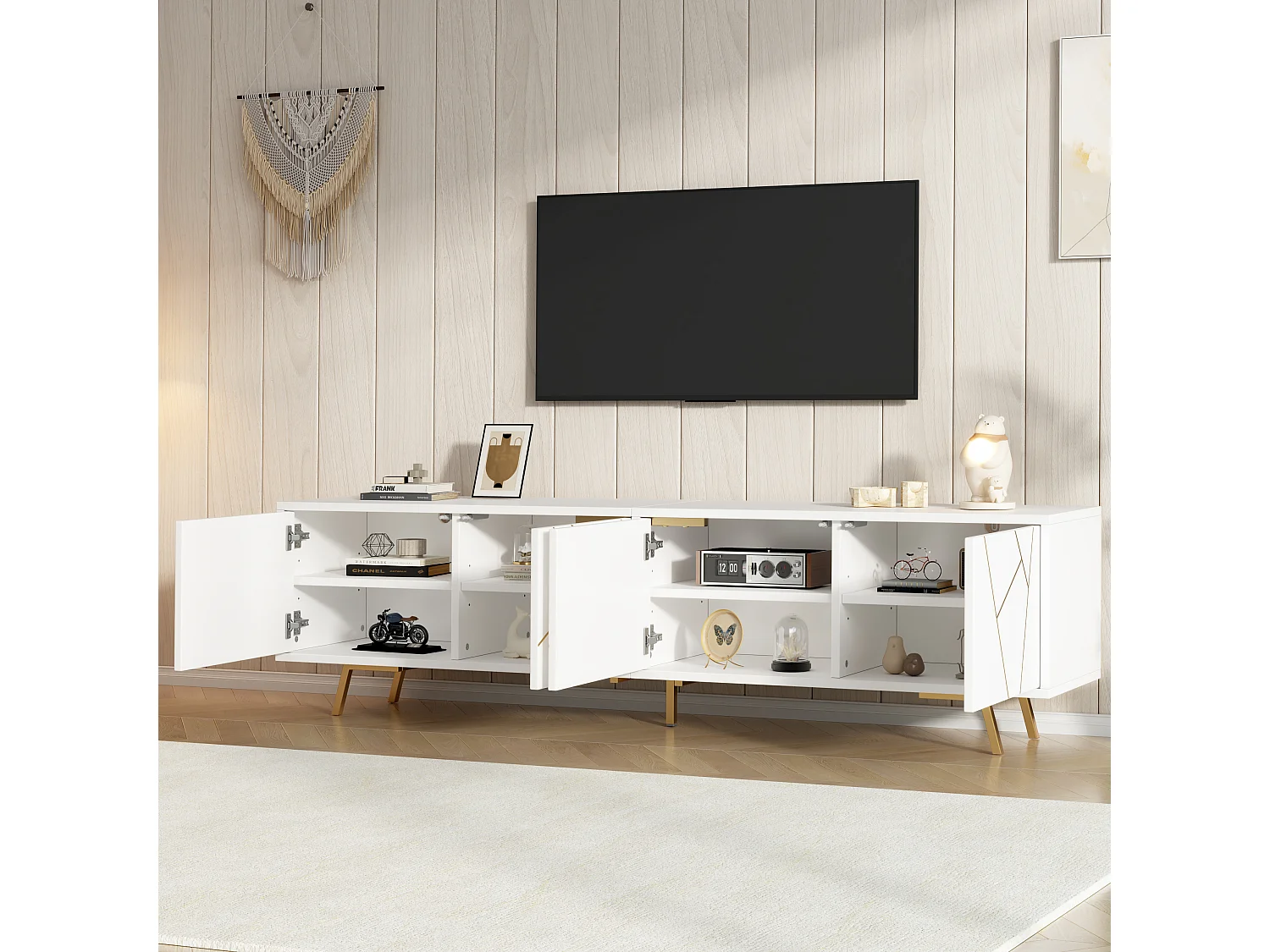 TV-Schrank 190x40x51,5 cm - 4 Türen und 6 Metallfüße - TV bis zu 85 Zoll - Spanplatten - Weiß und Gold
