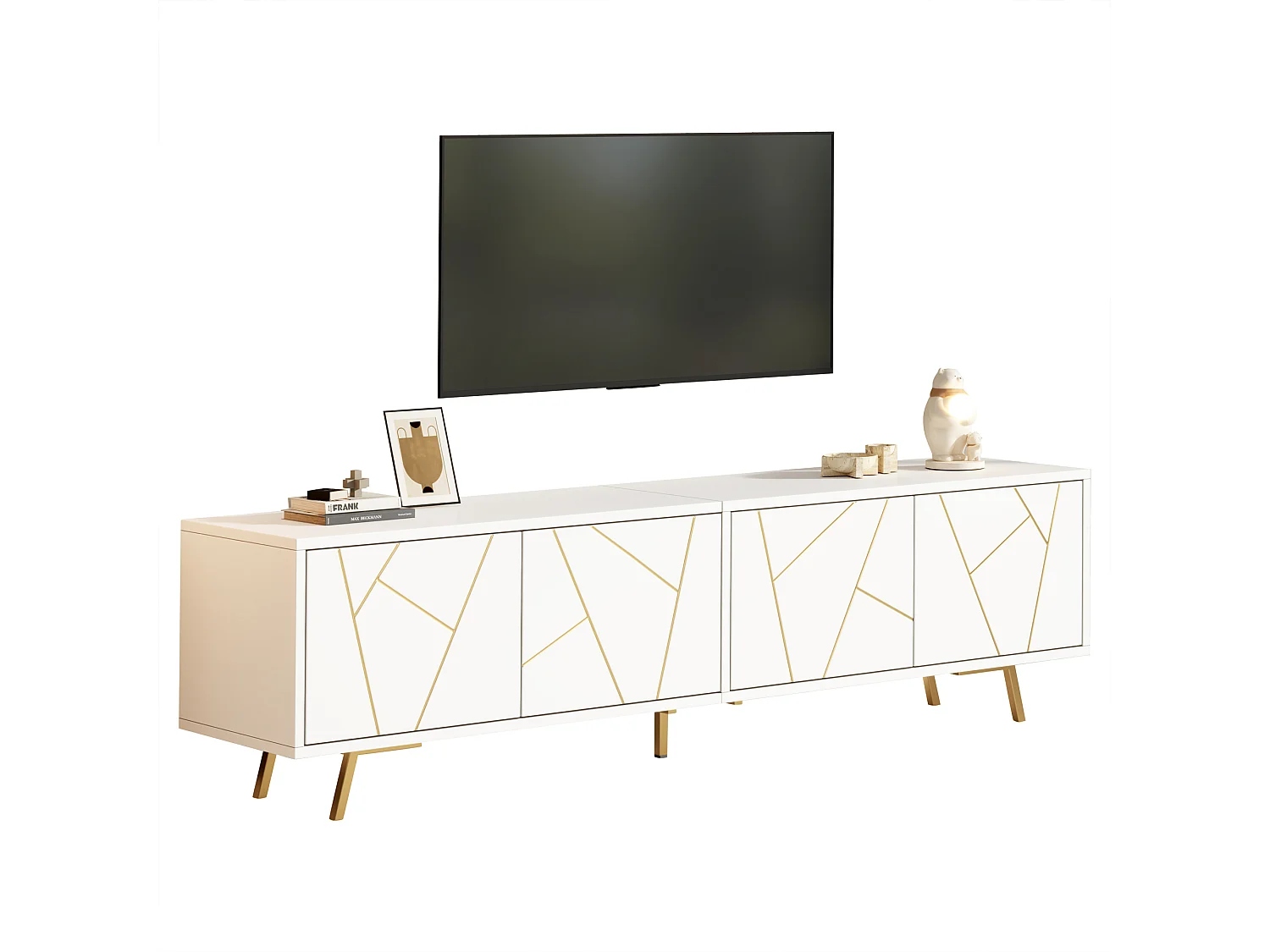 TV-Schrank 190x40x51,5 cm - 4 Türen und 6 Metallfüße - TV bis zu 85 Zoll - Spanplatten - Weiß und Gold