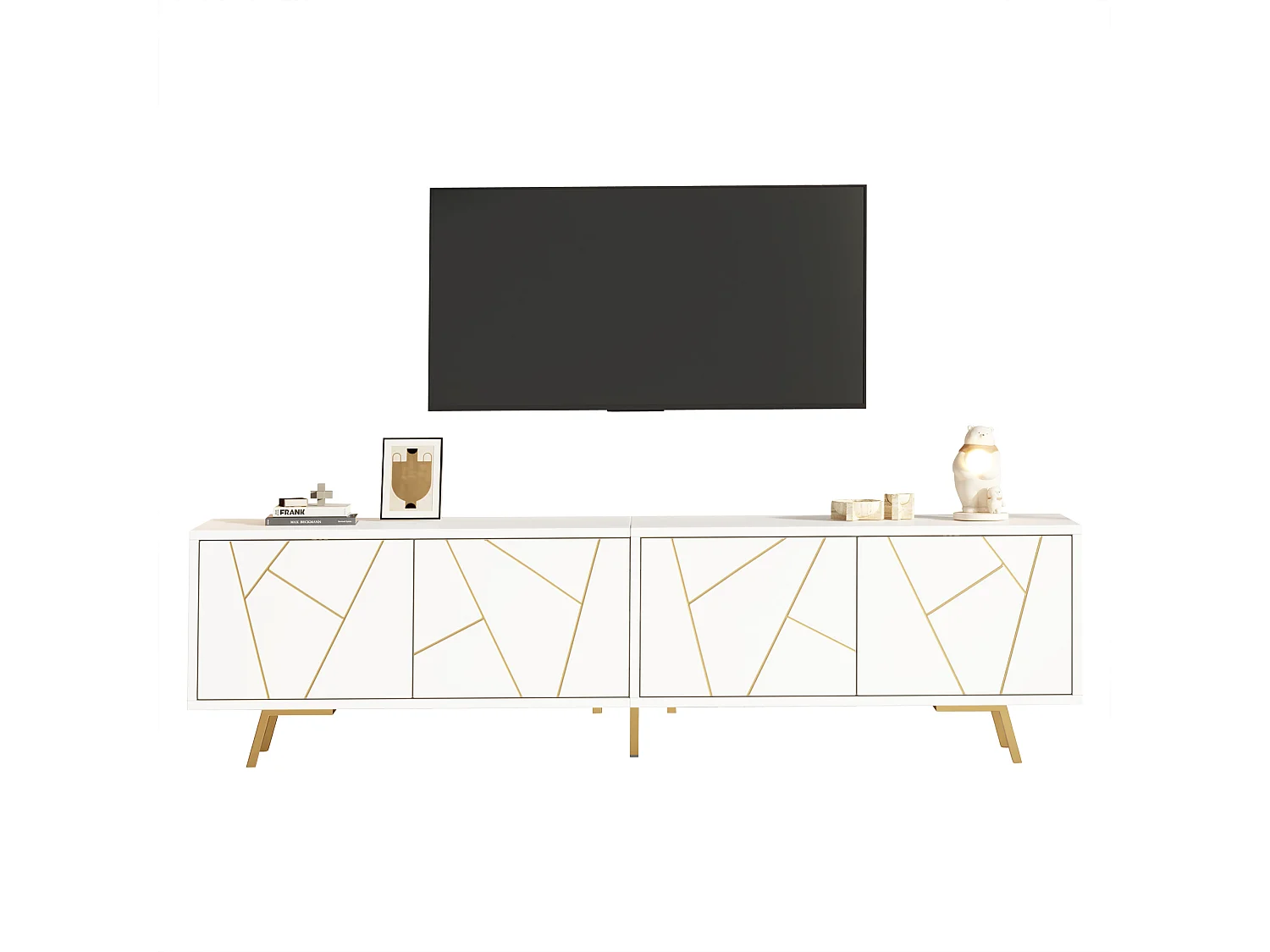 TV-Schrank 190x40x51,5 cm - 4 Türen und 6 Metallfüße - TV bis zu 85 Zoll - Spanplatten - Weiß und Gold