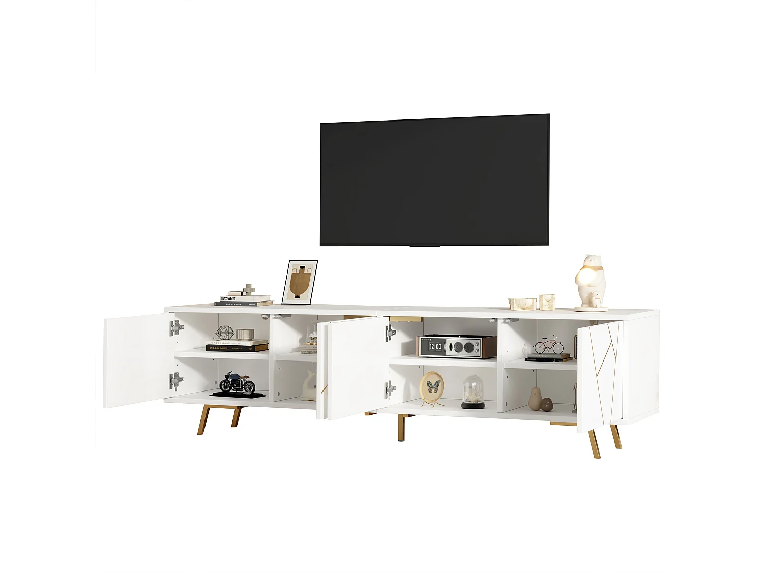 TV-Schrank 190x40x51,5 cm - 4 Türen und 6 Metallfüße - TV bis zu 85 Zoll - Spanplatten - Weiß und Gold