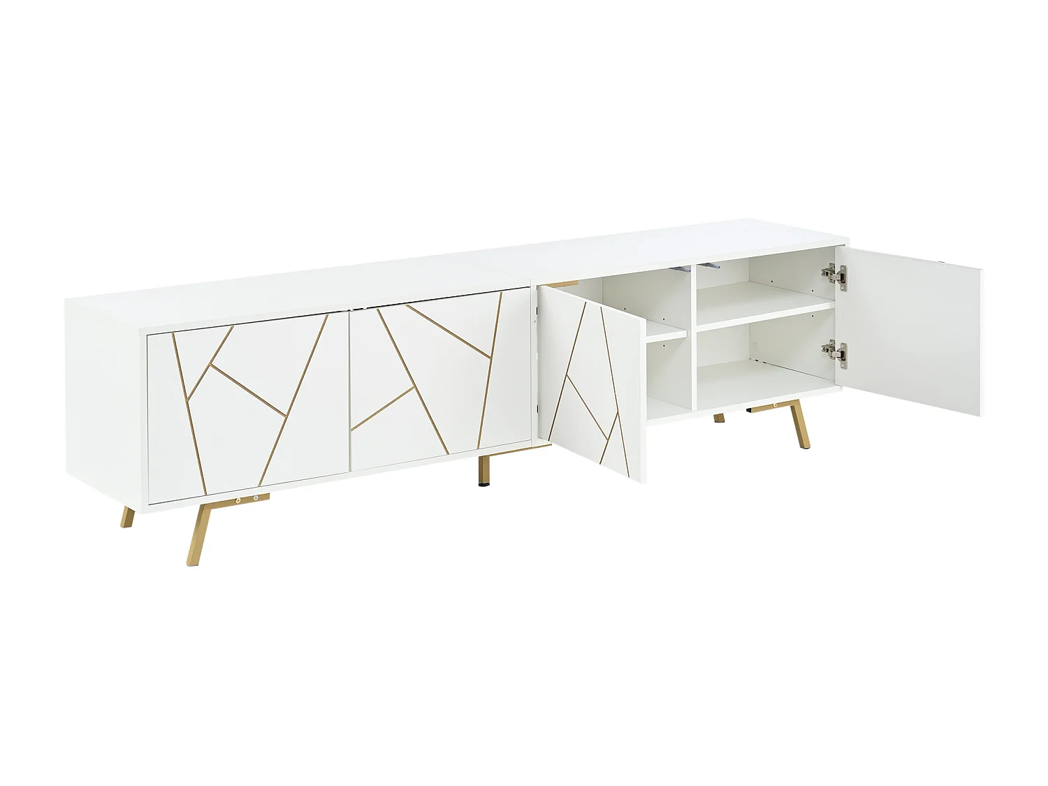 TV-Schrank 190x40x51,5 cm - 4 Türen und 6 Metallfüße - TV bis zu 85 Zoll - Spanplatten - Weiß und Gold