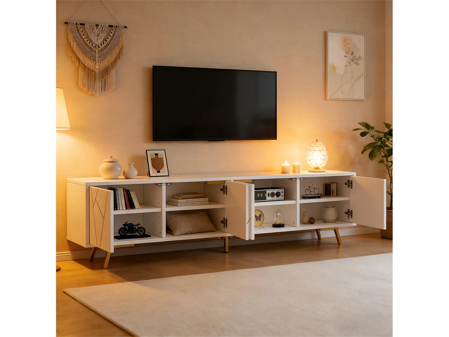 TV-Schrank 190x40x51,5 cm - 4 Türen und 6 Metallfüße - TV bis zu 85 Zoll - Spanplatten - Weiß und Gold