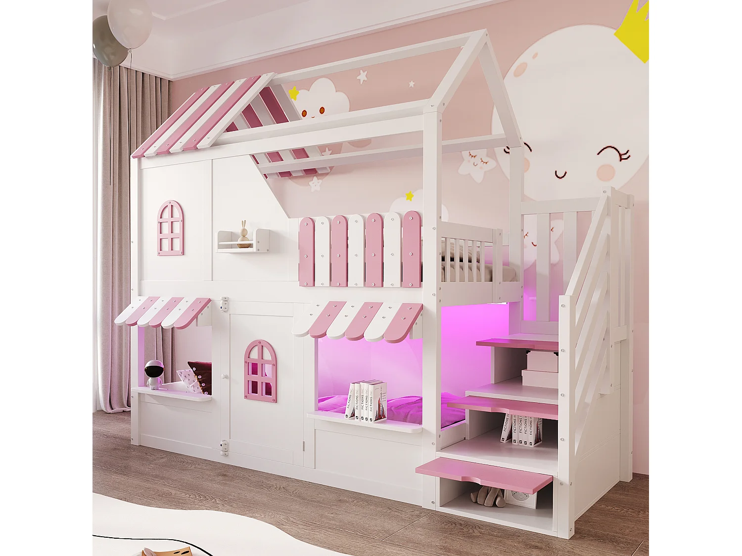 Letto soppalcato per bambini 90 x 200 cm - con scala di riporre - con luce LED - con 1 anta - bianco + rosa​ (materasso non incluso)