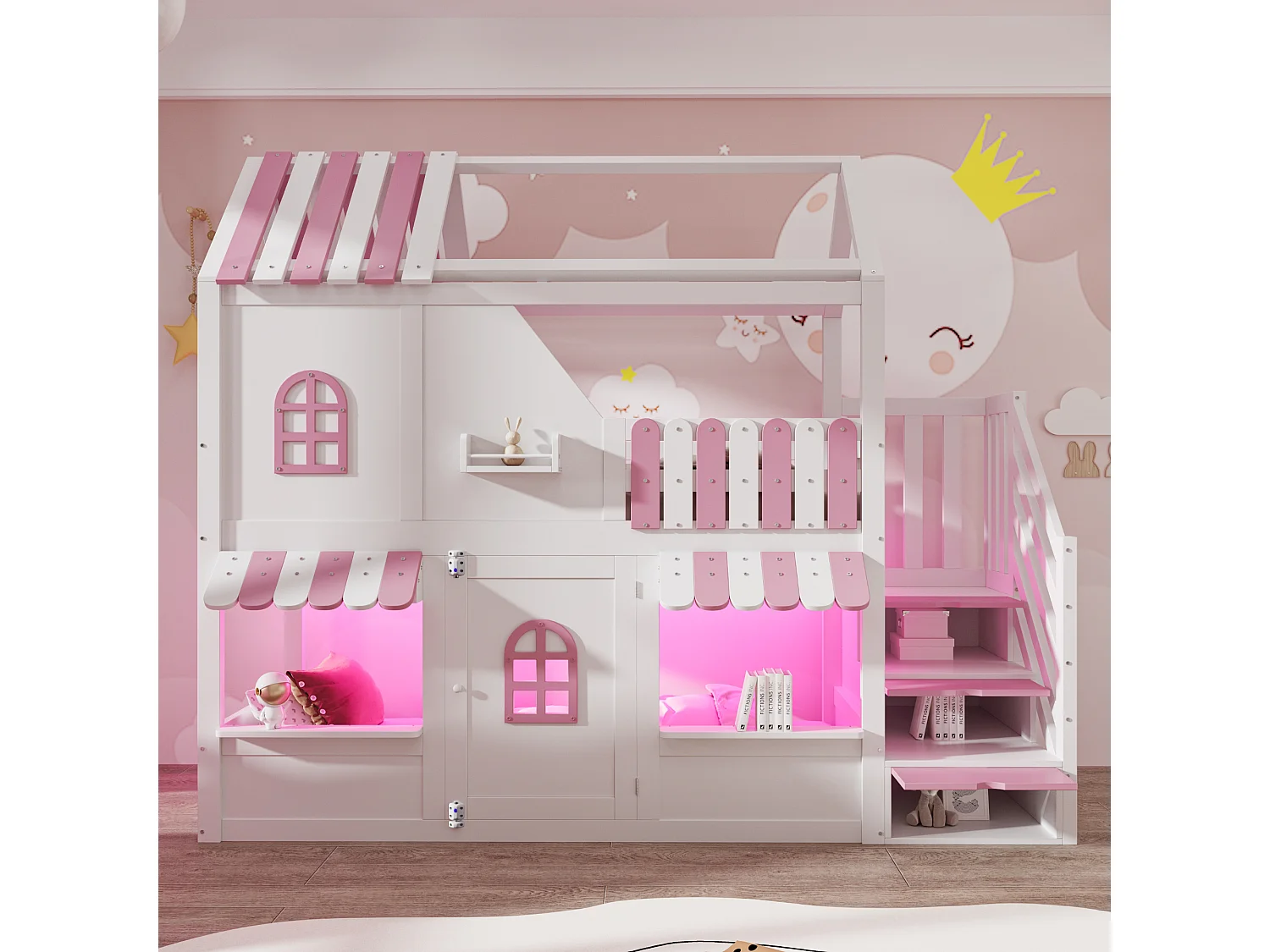 Letto soppalcato per bambini 90 x 200 cm - con scala di riporre - con luce LED - con 1 anta - bianco + rosa​ (materasso non incluso)