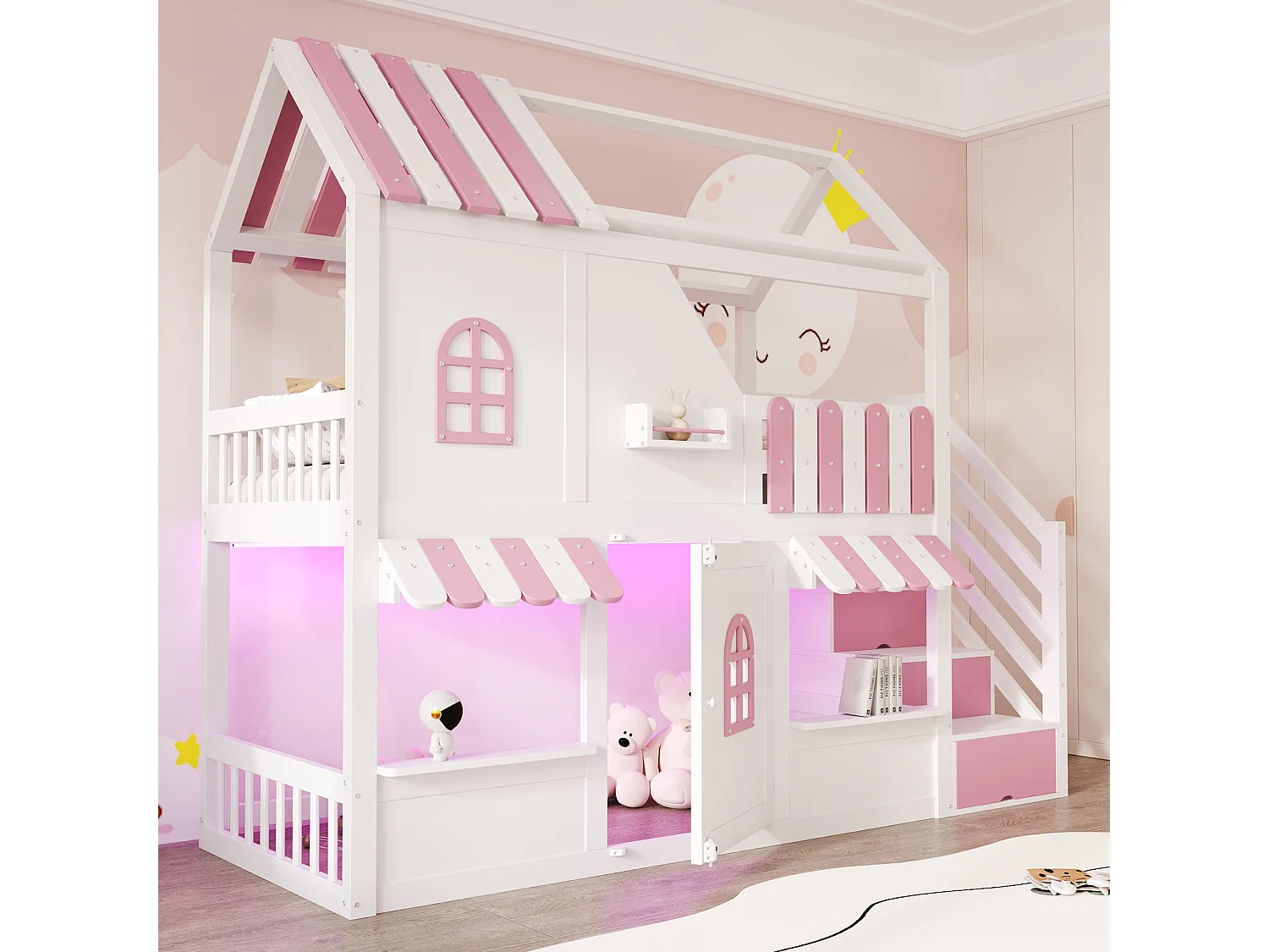 Letto soppalcato per bambini 90 x 200 cm - con scala di riporre - con luce LED - con 1 anta - bianco + rosa​ (materasso non incluso)