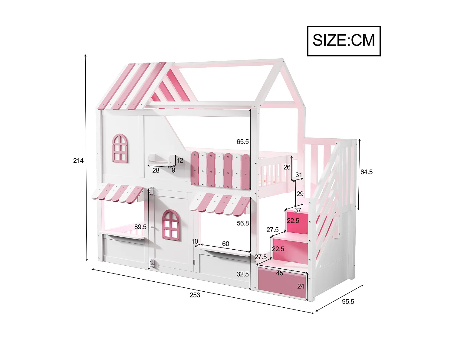 Letto soppalcato per bambini 90 x 200 cm - con scala di riporre - con luce LED - con 1 anta - bianco + rosa​ (materasso non incluso)