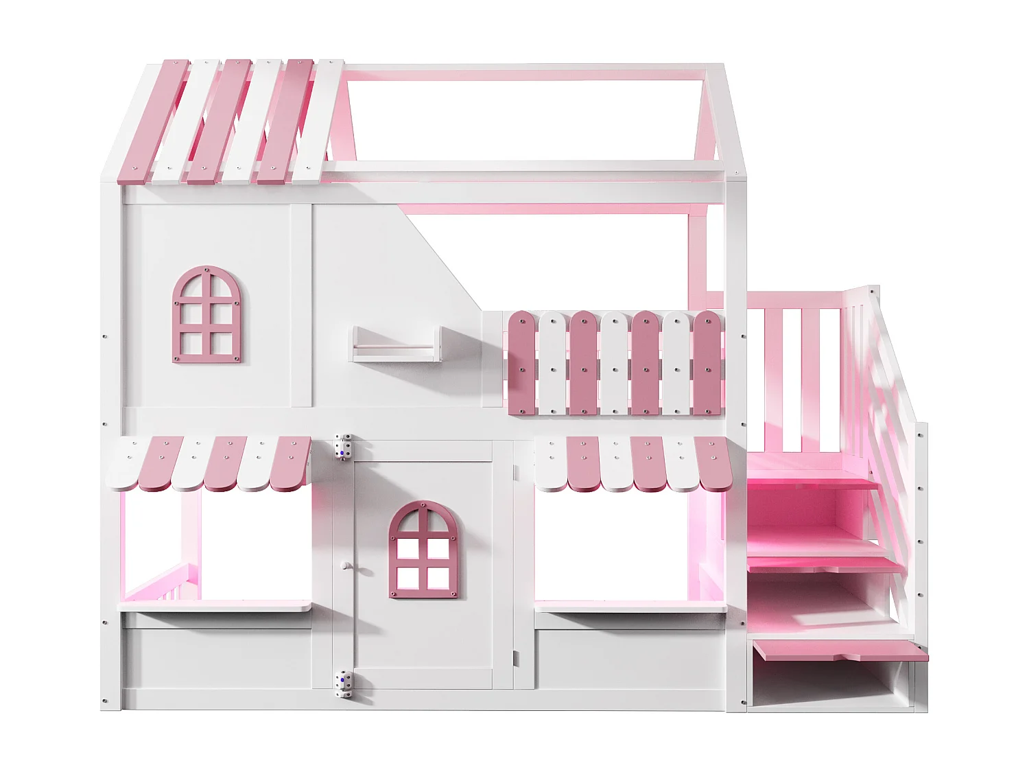 Letto soppalcato per bambini 90 x 200 cm - con scala di riporre - con luce LED - con 1 anta - bianco + rosa​ (materasso non incluso)
