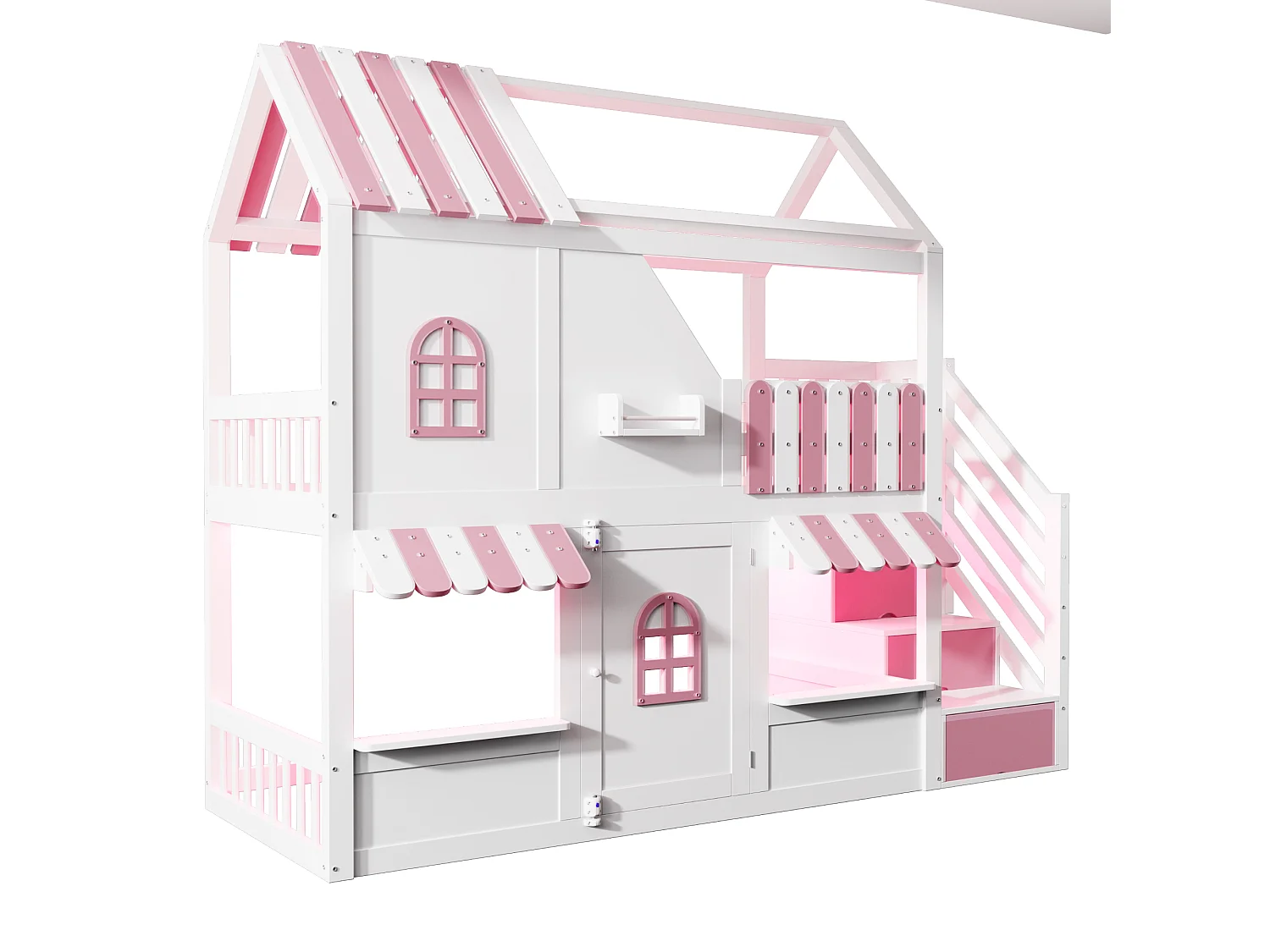 Letto soppalcato per bambini 90 x 200 cm - con scala di riporre - con luce LED - con 1 anta - bianco + rosa​ (materasso non incluso)