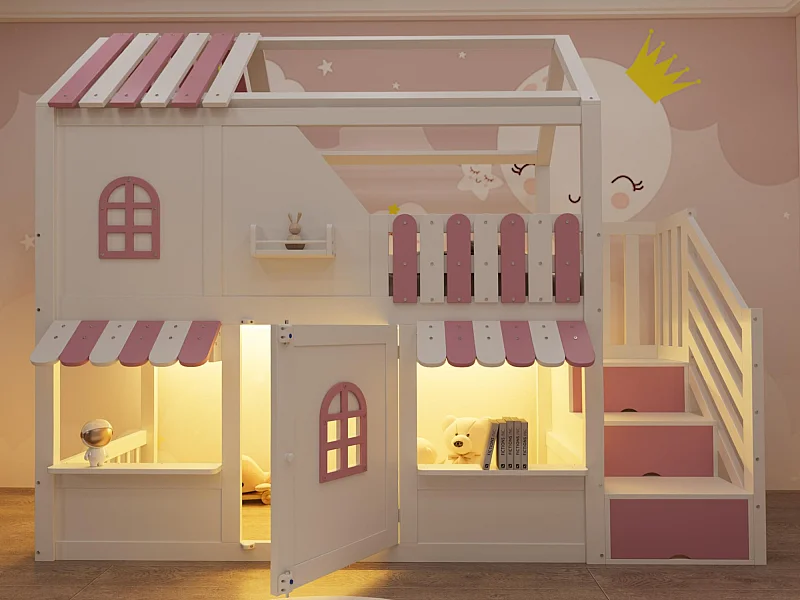 Letto soppalcato per bambini 90 x 200 cm - con scala di riporre - con luce LED - con 1 anta - bianco + rosa​ (materasso non incluso)