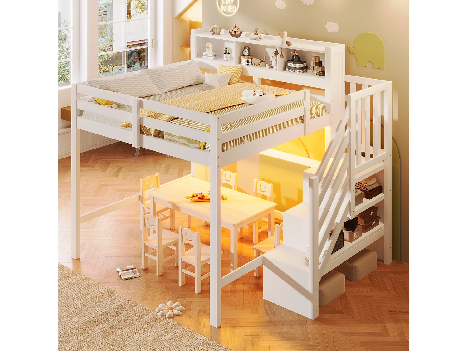 Lit mezzanine 140x200cm - avec éclairage LED - avec échelle de rangement - Blanc (matelas non inclus)