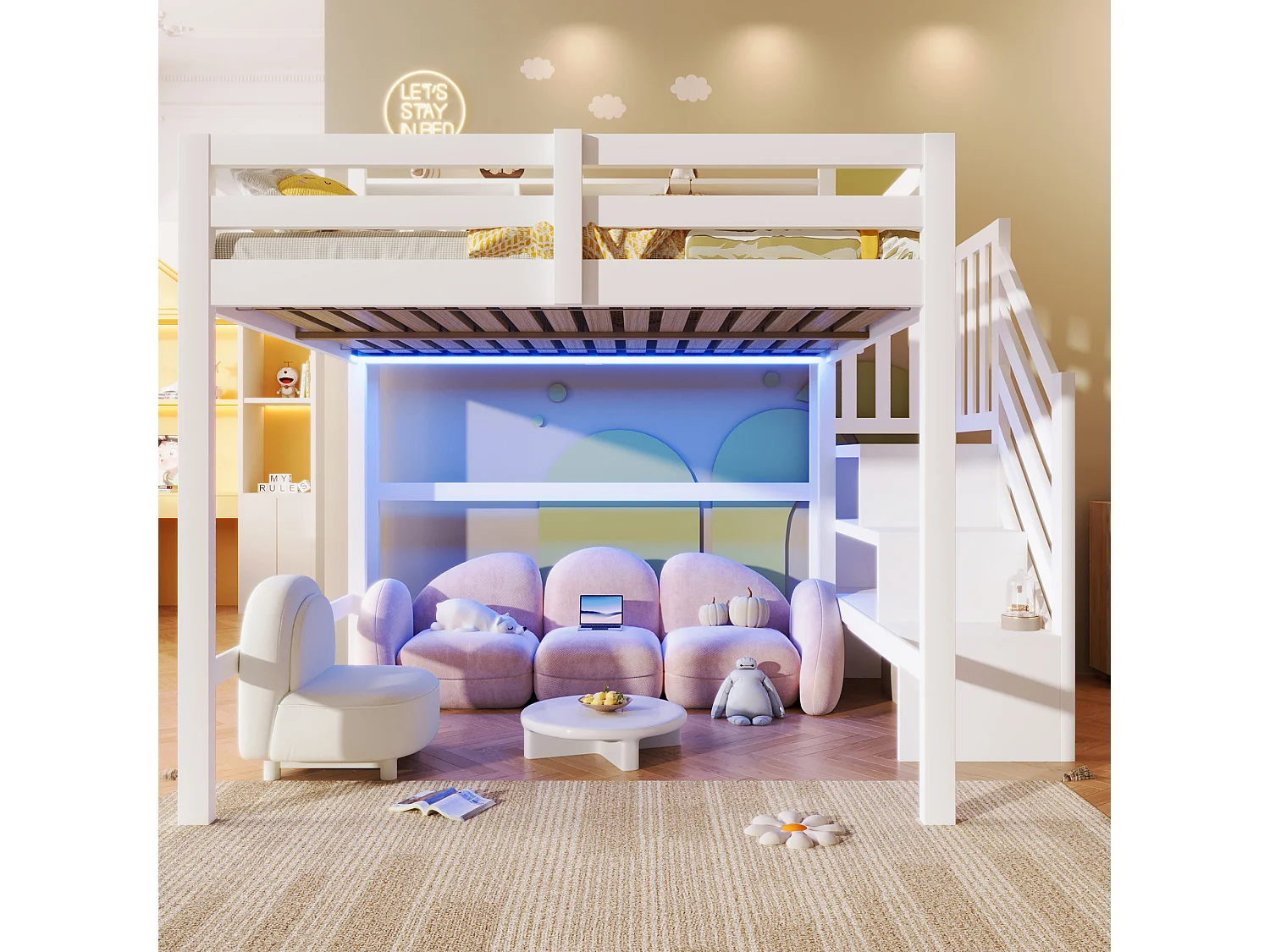 Lit mezzanine 140x200cm - avec éclairage LED - avec échelle de rangement - Blanc (matelas non inclus)