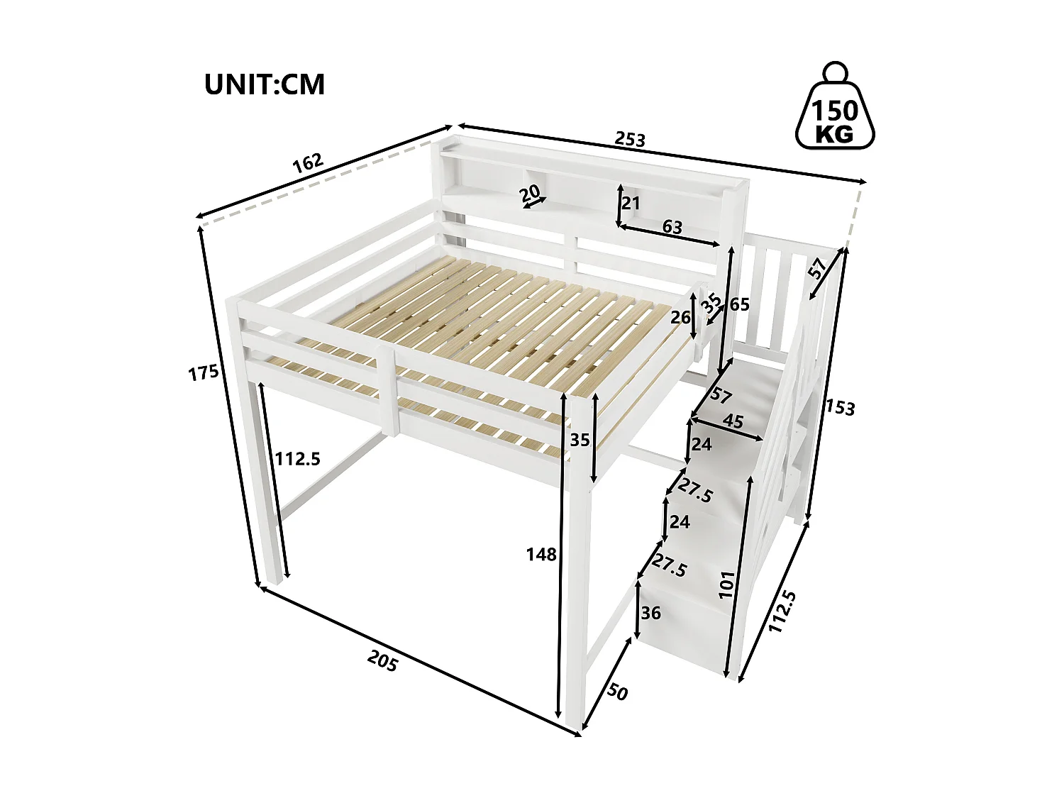 Lit mezzanine 140x200cm - avec éclairage LED - avec échelle de rangement - Blanc (matelas non inclus)