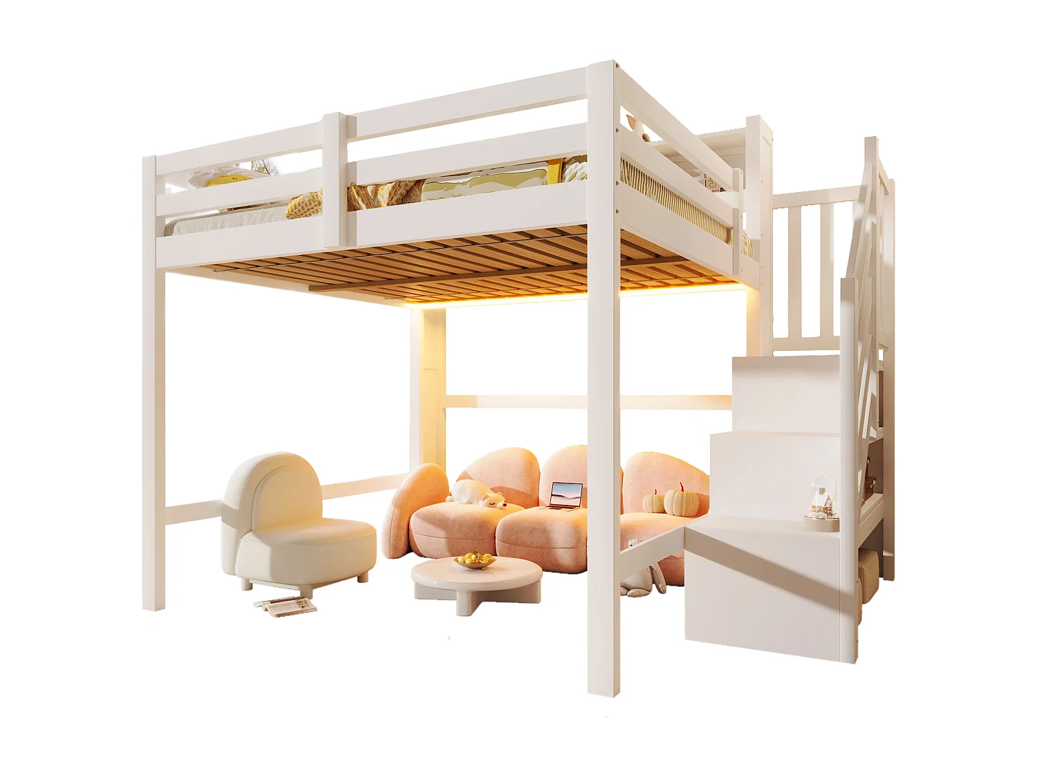 Lit mezzanine 140x200cm - avec éclairage LED - avec échelle de rangement - Blanc (matelas non inclus)