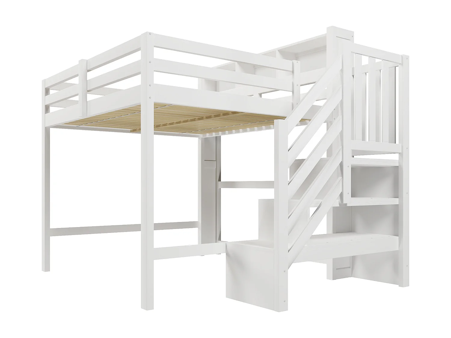 Lit mezzanine 140x200cm - avec éclairage LED - avec échelle de rangement - Blanc (matelas non inclus)